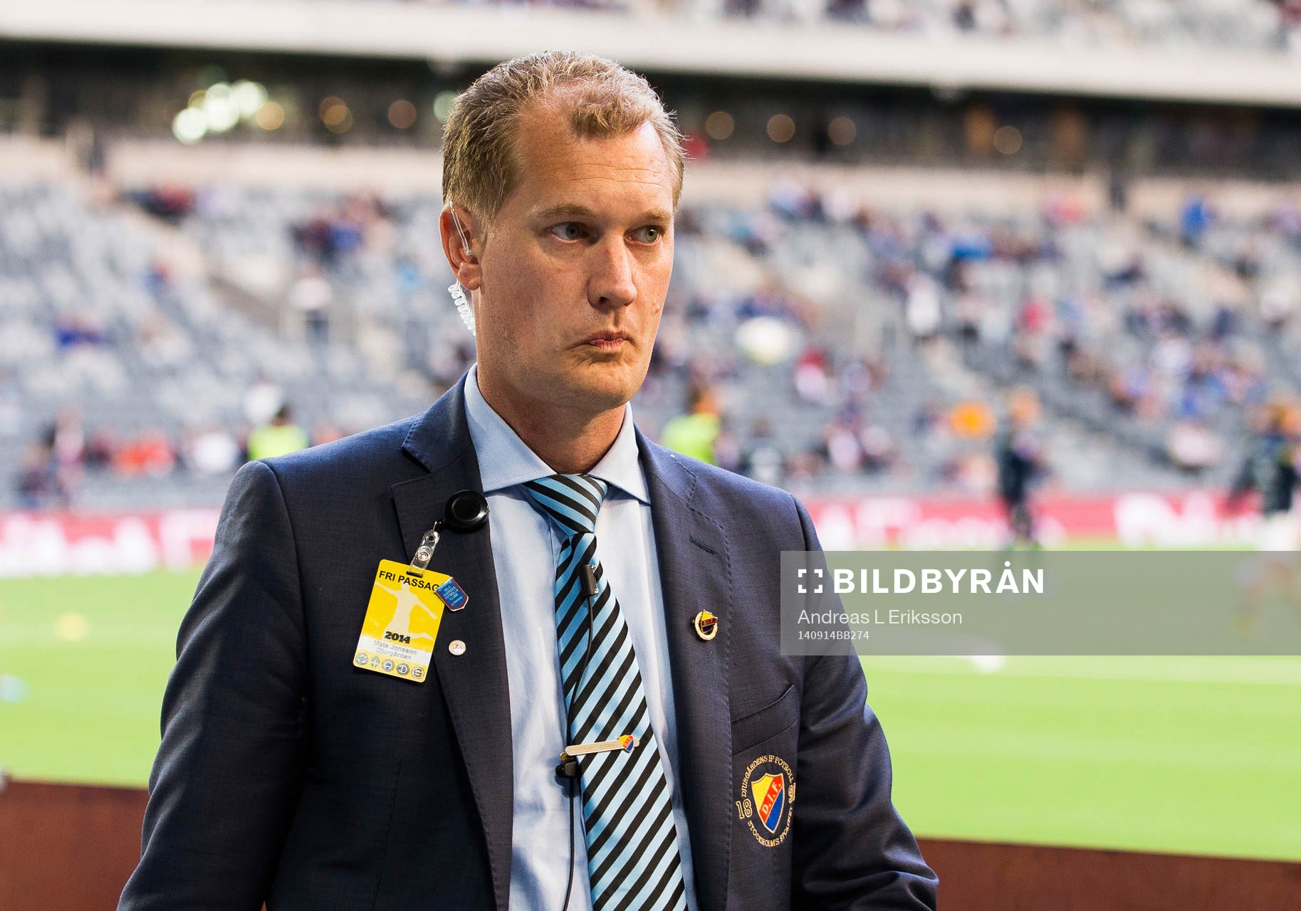 Djurgårdens evenenmangsansvarig Mats Jonsson under fotbollsmatchen i Allsvenskan mellan Djurgården och Åtvidaberg den 14 september 2014 i Stockholm.