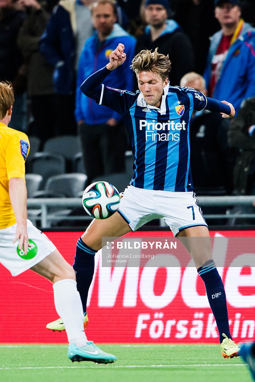 Djurgårdens Martin Broberg under fotbollsmatchen i Allsvenskan mellan Djurgården och Falkenberg den 24 September 2014 i Stockholm. 