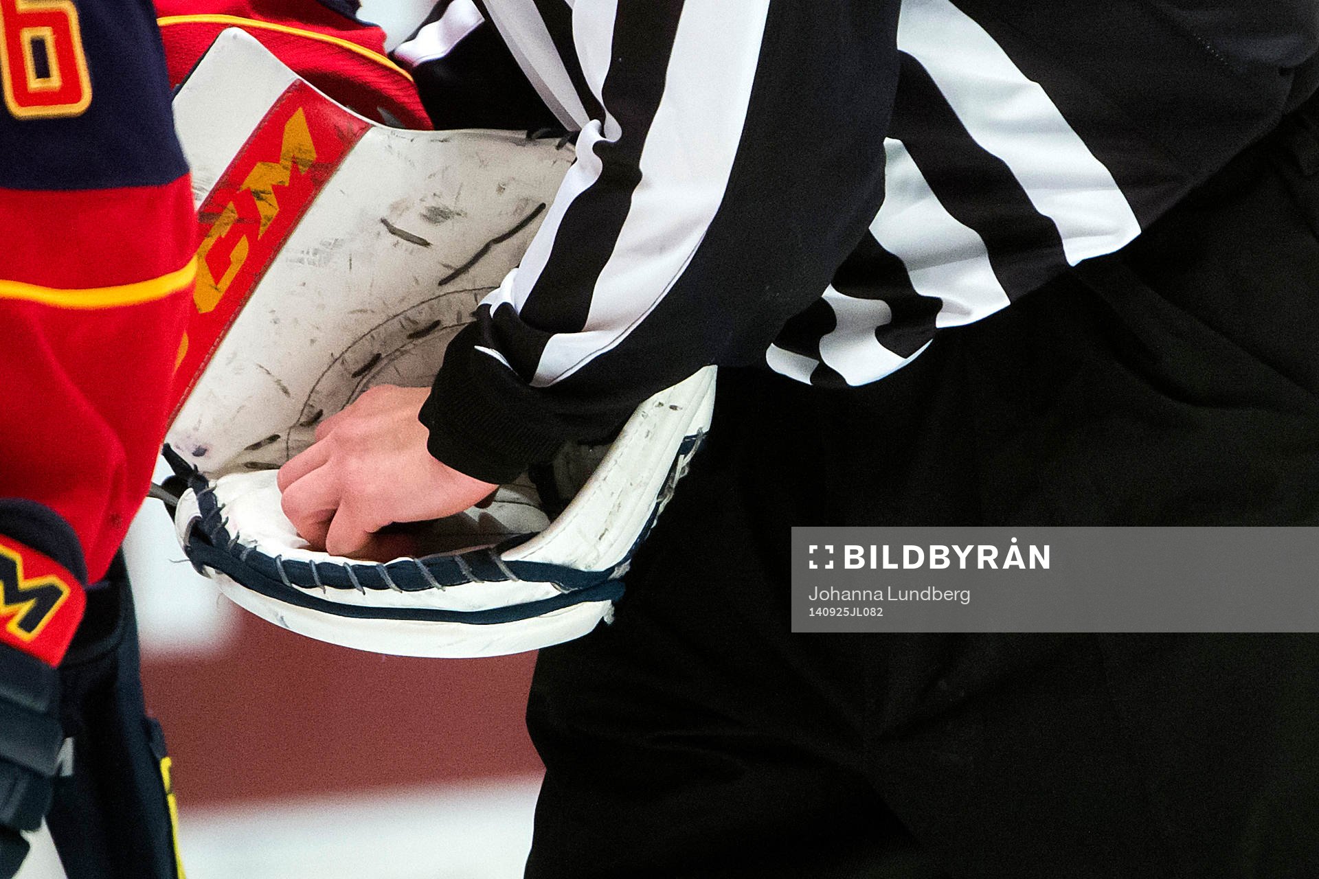 En domare plockar pucken ur målvaktens plockhandske