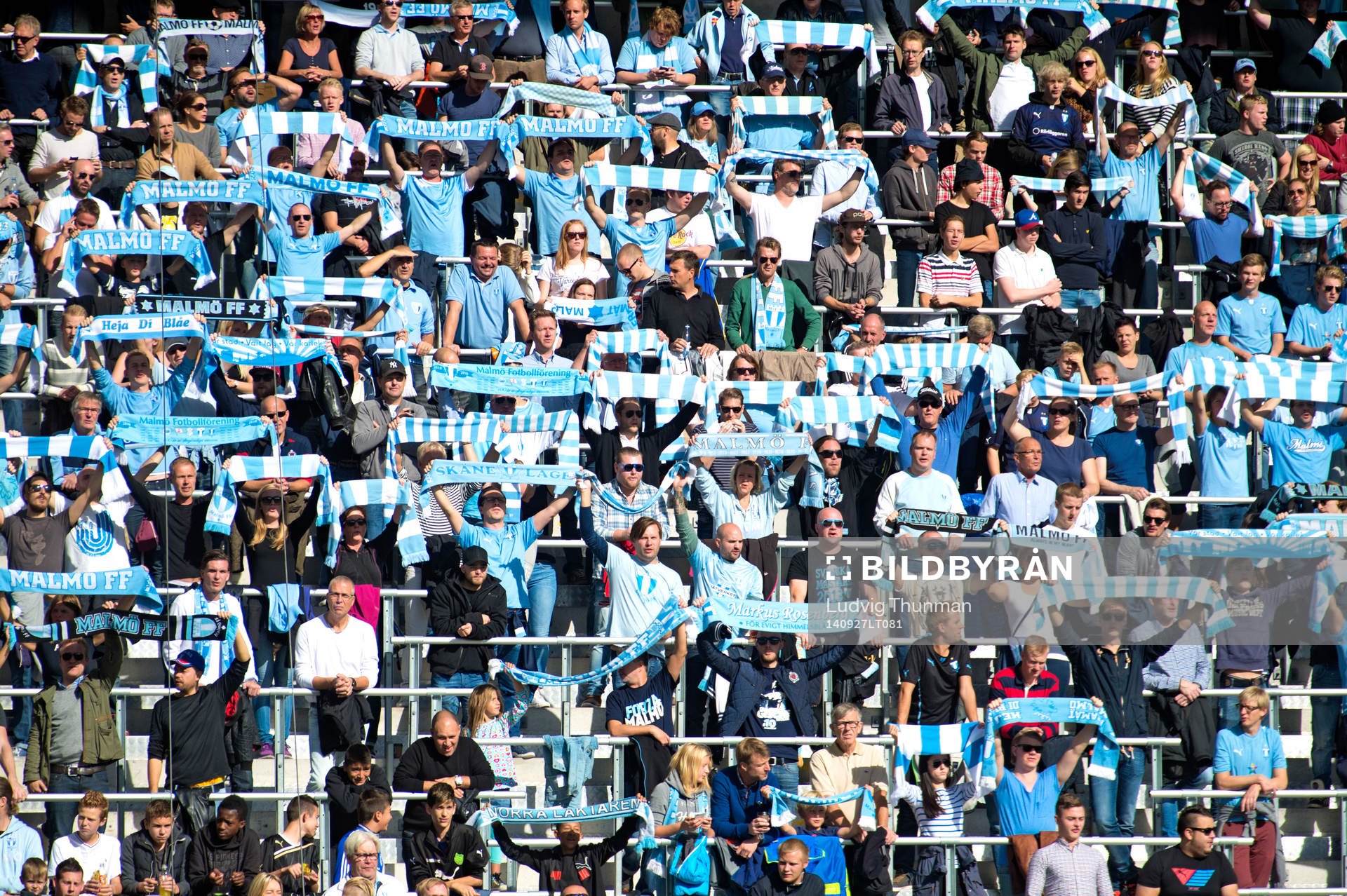 Malmö FFs supportrar med halsdukar och flaggor