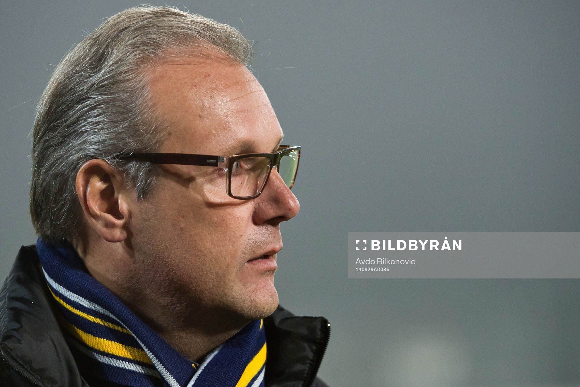 Ängelholms klubbdirektör Paul Myllenberg under fotbollmatchen i Superettan mellan Ängelholm och Syrianska den 29 September 2014 i Ängelholm.