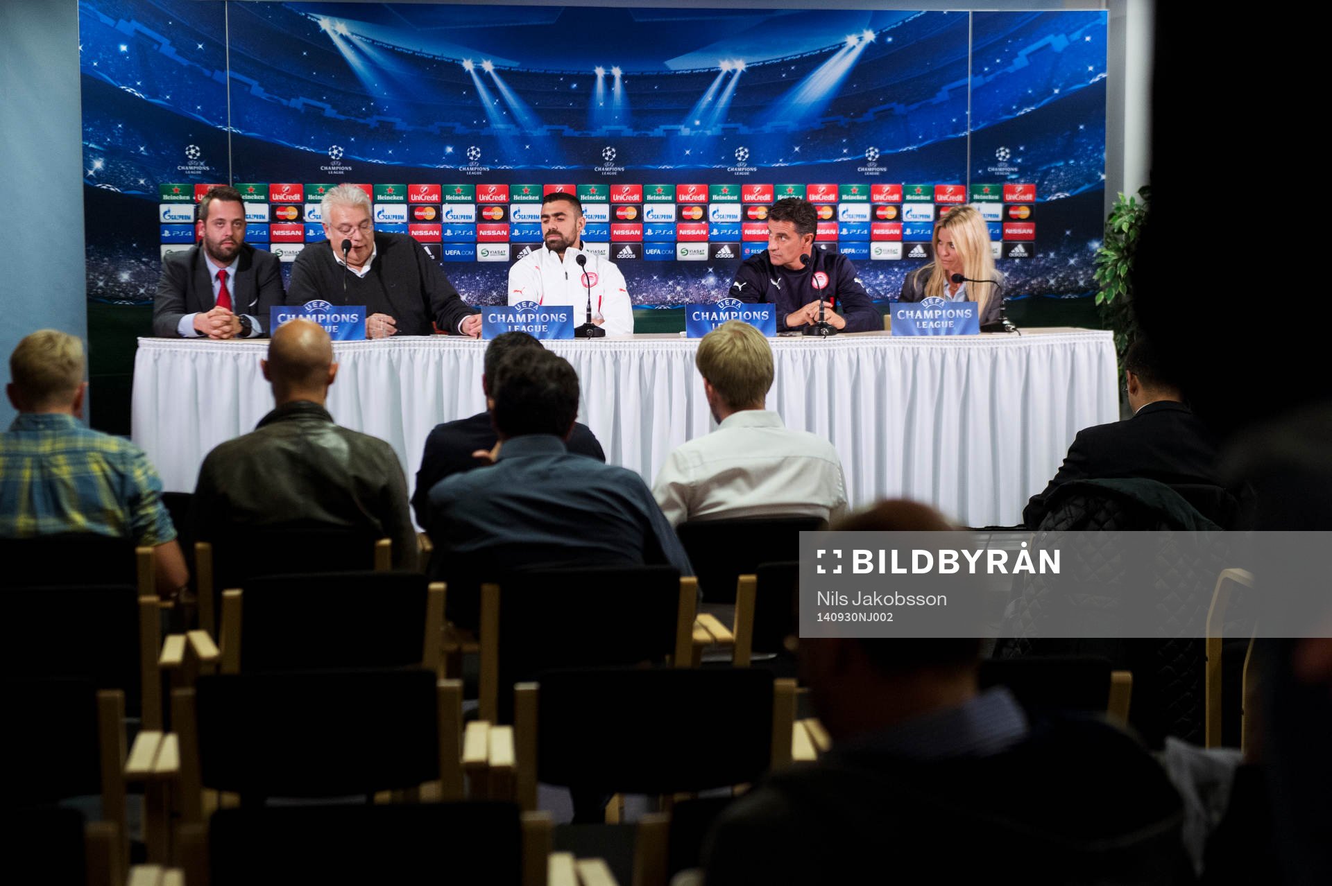 Olympiakos Giannis Maniatis och tränare José Miguel González Martín del Campo inför mötet med Malmö FF i Champions League den 30 september 2014 i Malmö.