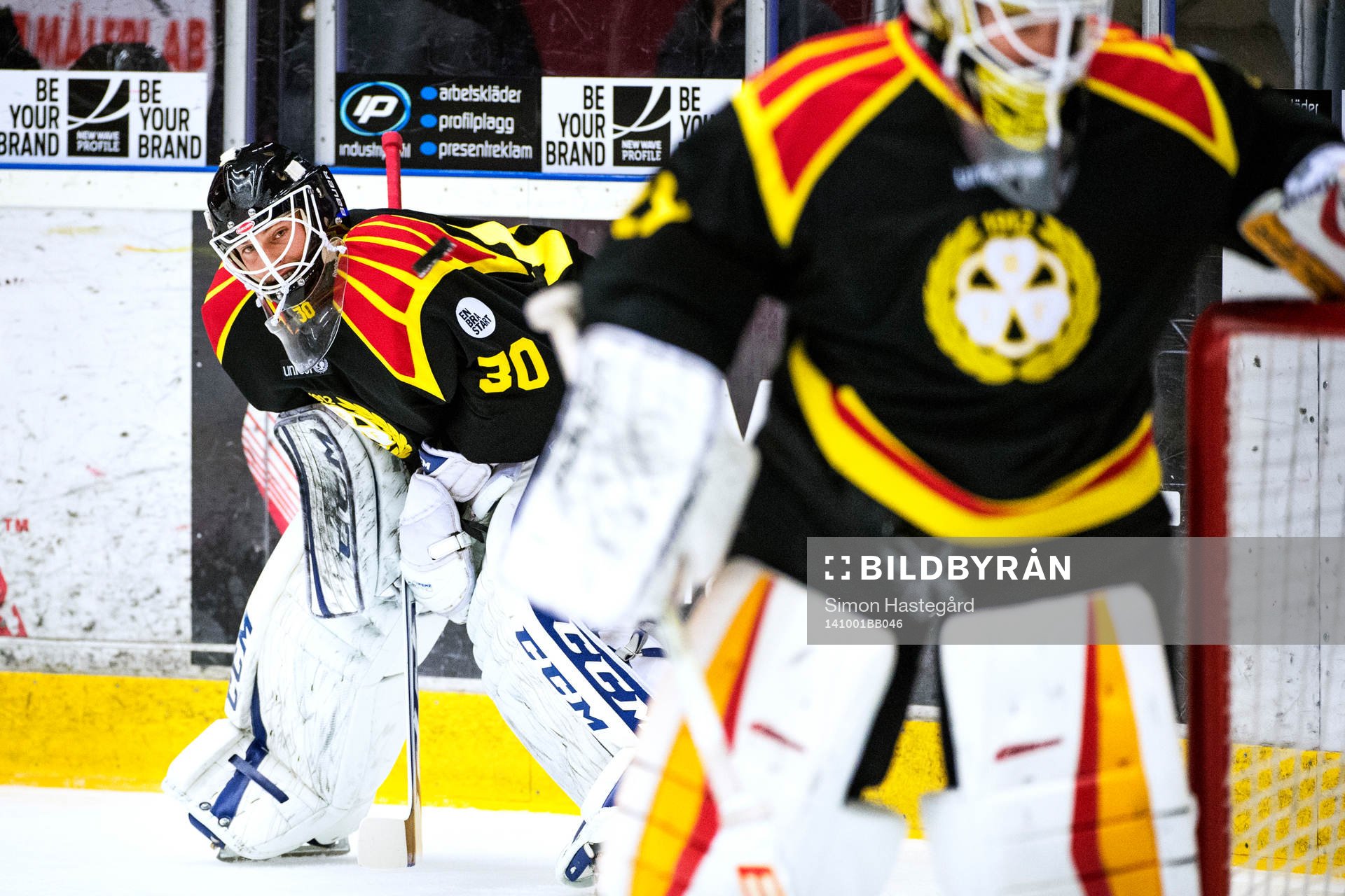 Brynäs målvakter Joel Gistedt och Bernhard Starkbaum på