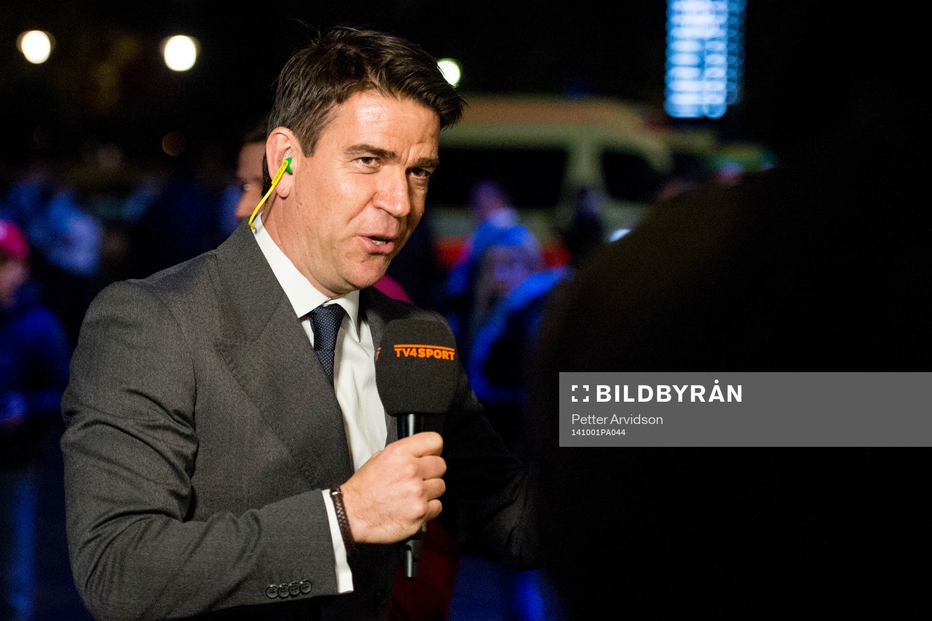 Patrick Ekwall i TV4:as studio utanför arena inför fotbollsmatchen i Champions League mellan Malmö FF och Olympiakos den 1 oktober 2014 i Malmö.