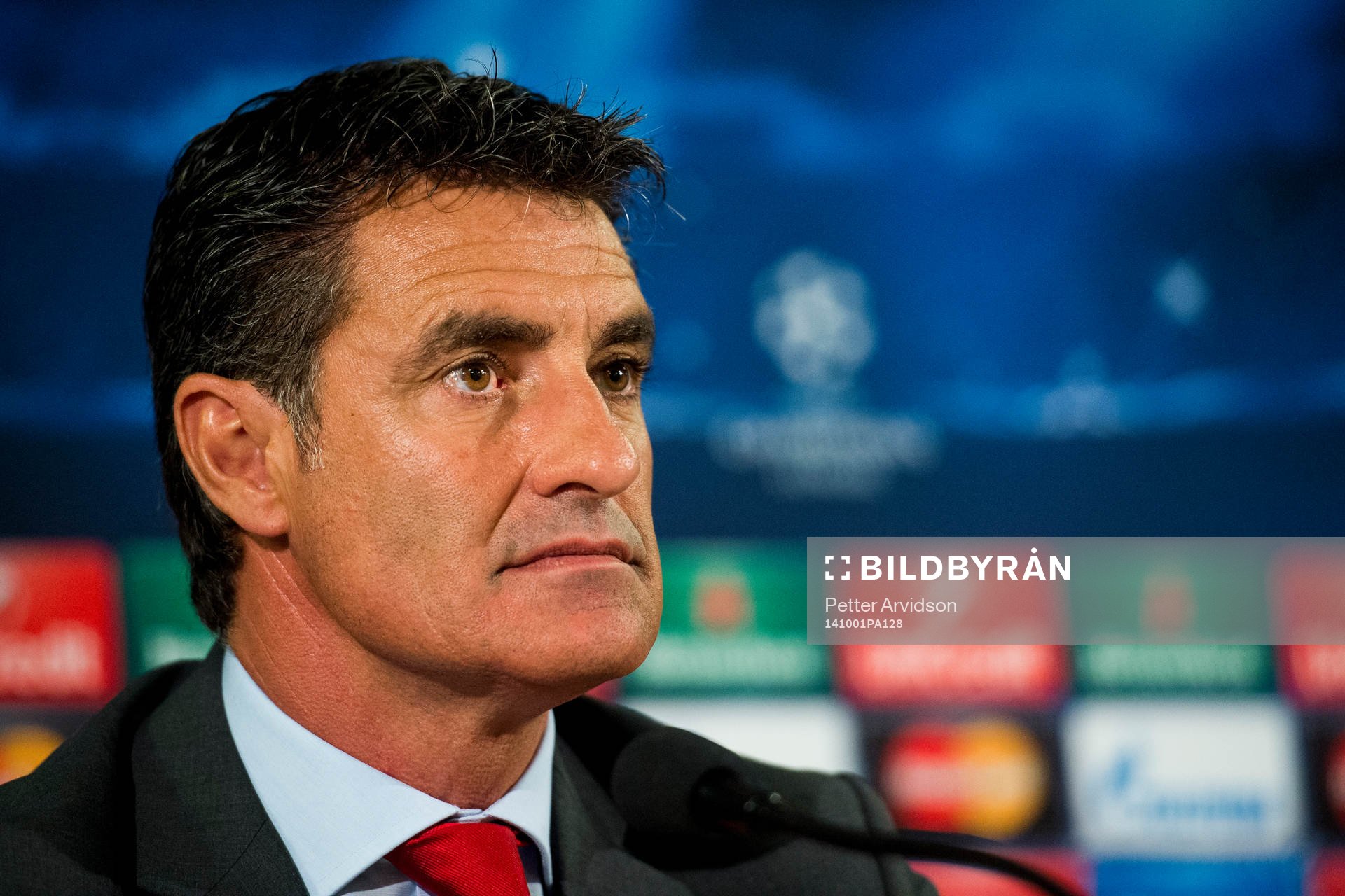 Olympiacos tränare José Miguel González Martín del Campo under presskonferensen efter fotbollsmatchen i Champions League mellan Malmö FF och Olympiakos den 1 oktober 2014 i Malmö.