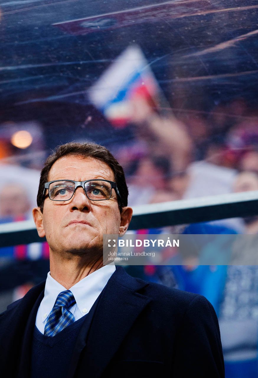 Rysslands förbundskapten Fabio Capello under fotbollsmatchen i EM-kvalet mellan Sverige och Ryssland den 9 oktober 2014 i Stockholm.
