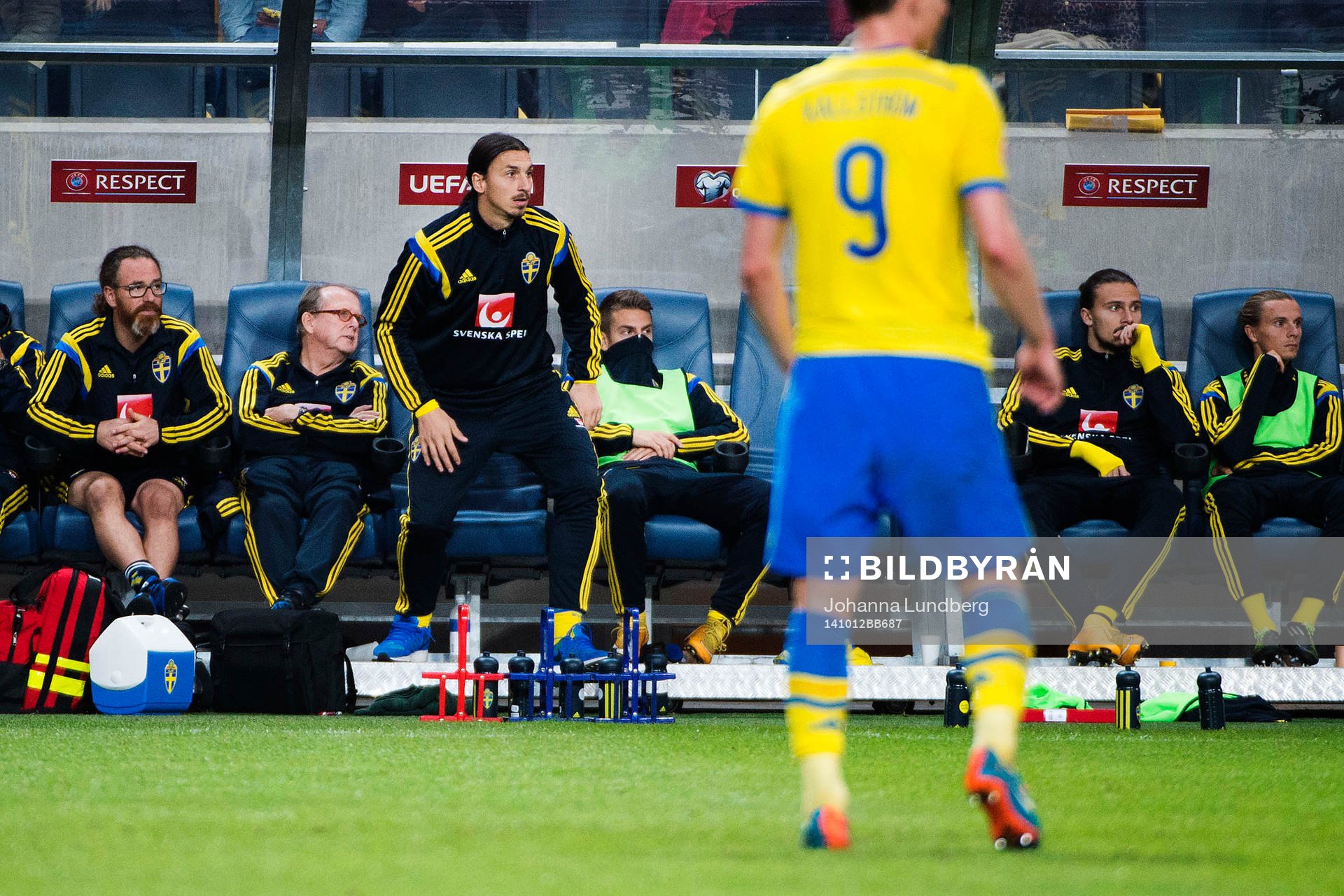 Sveriges Zlatan Ibrahimovic reagerar på bänken
