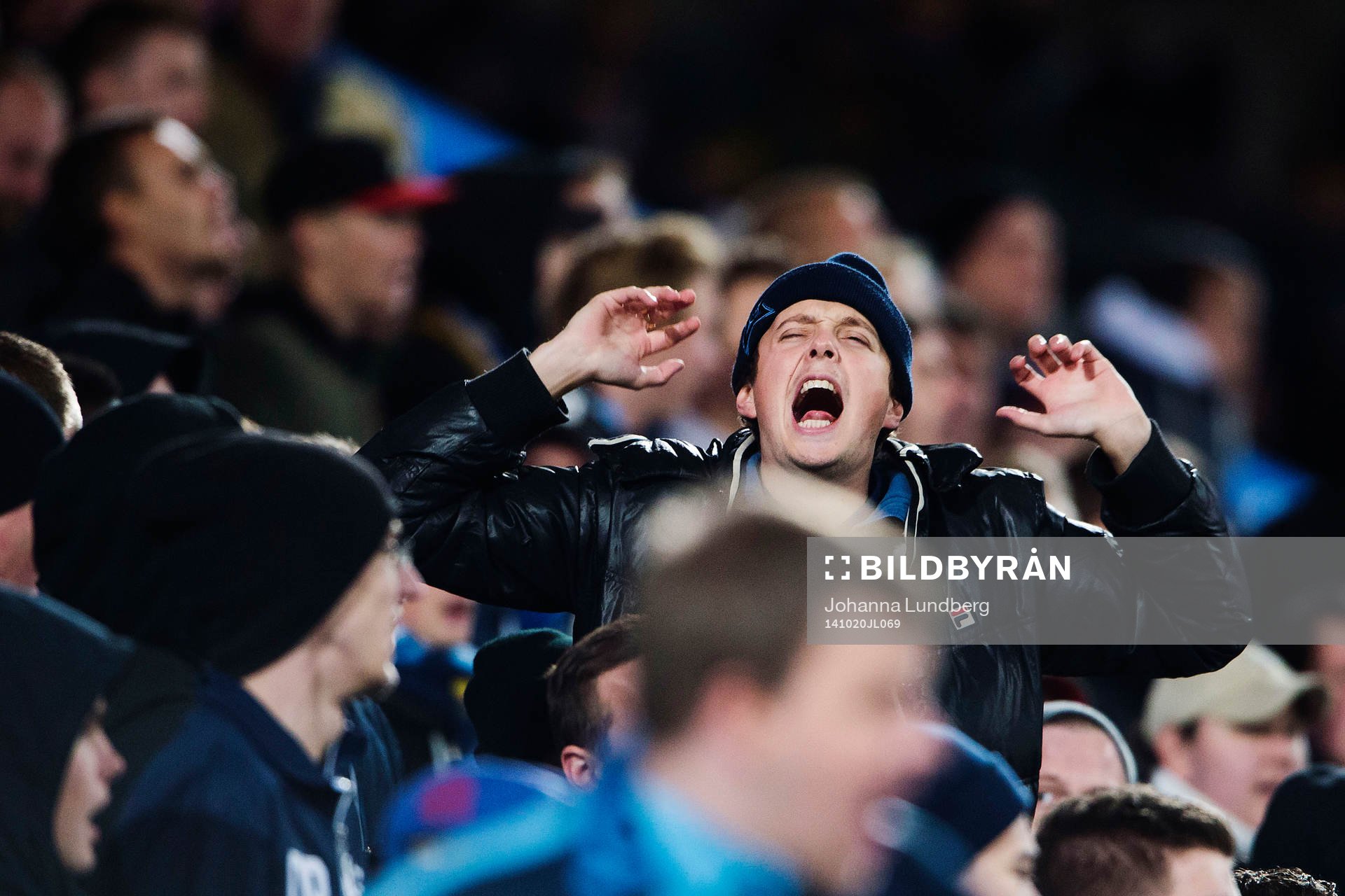En Djurgårdssupporter ropar under fotbollsmatchen i Allsvenskan mellan Djurgården och Örebro den 20 oktober 2014 i Stockholm. 