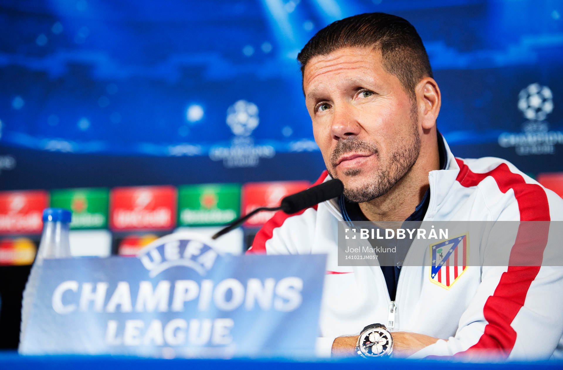 Atletico Madrids tränare Diego Simeone under en presskonferens den 21 oktober 2014 i Madrid.