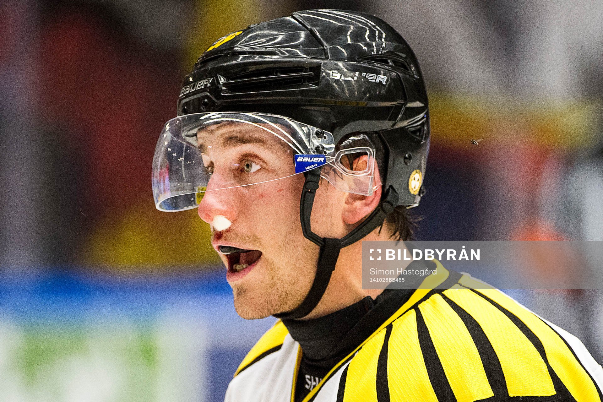 Brynäs Sebastian Enterfeldt blöder näsblod samtidigt som