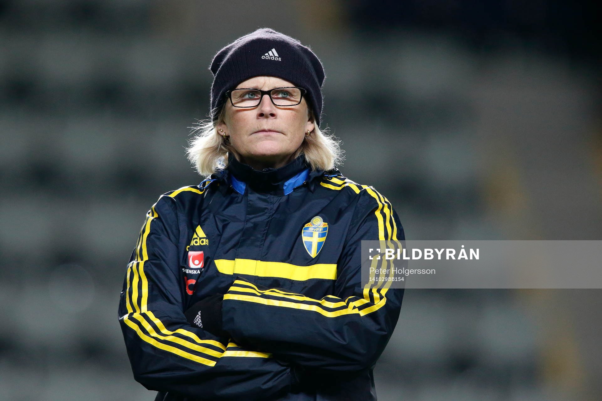 Sveriges förbundskapten Anneli Andersén under fotbollsmatchen mellan Sverige dam U23 och Norge den 29 oktober 2014 i Norrköping.