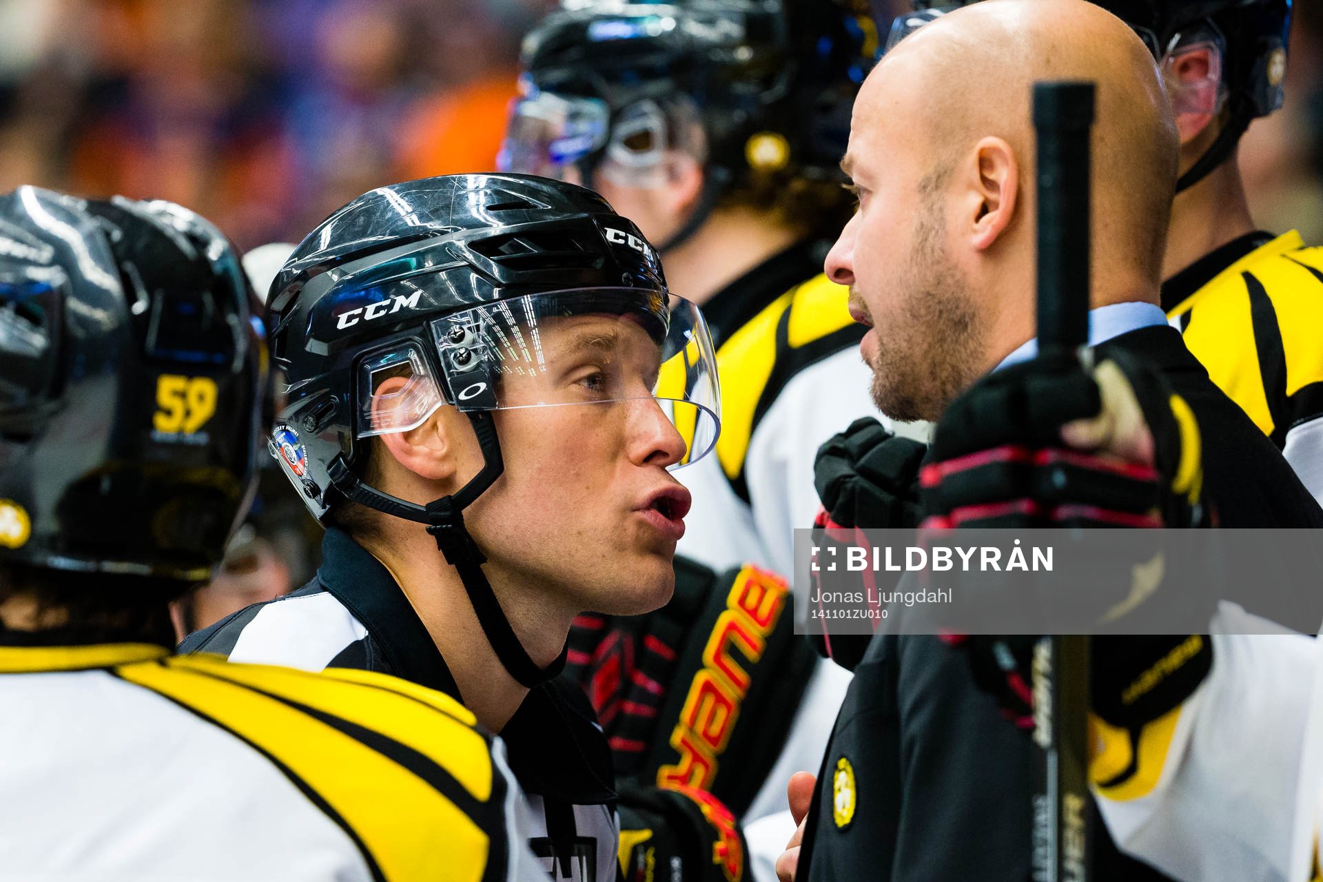 Domare Christoffer Karlsson pratar med Brynäs tränare