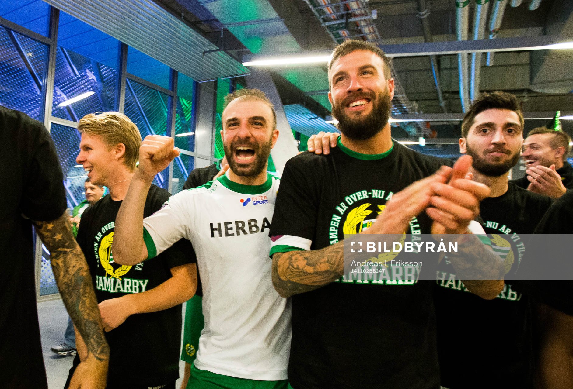 Hammarbys Kennedy Bakircioglu och Andreas Haddad efter fotbollsmatchen i Superettan mellan Hammarby och Jönköping den 2 november 2014 i Stockholm.