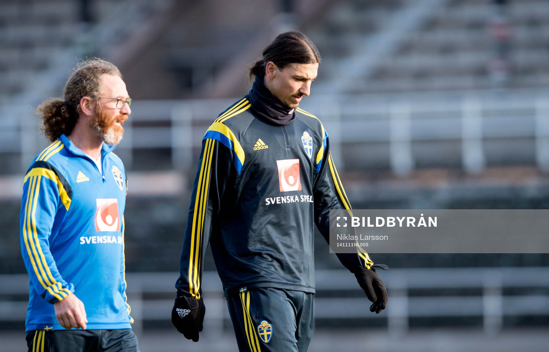 Sveriges Zlatan Ibrahimovic går av planen under en träning den 11 november 2014 i Stockholm.