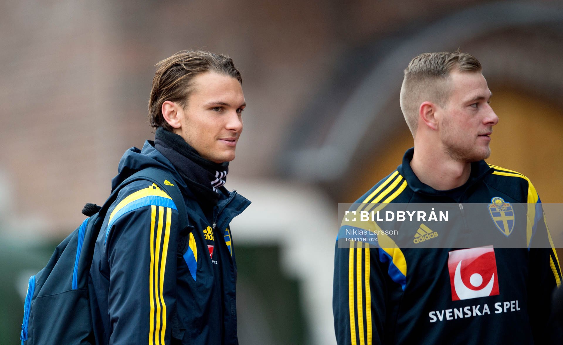 Sveriges Albin Ekdal och John Guidetti under en träning den 11 november 2014 i Stockholm.