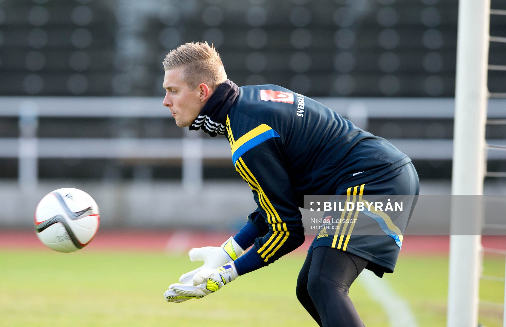 Sveriges målvakt Johan Dahlin  under en träning den 11 november 2014 i Stockholm.