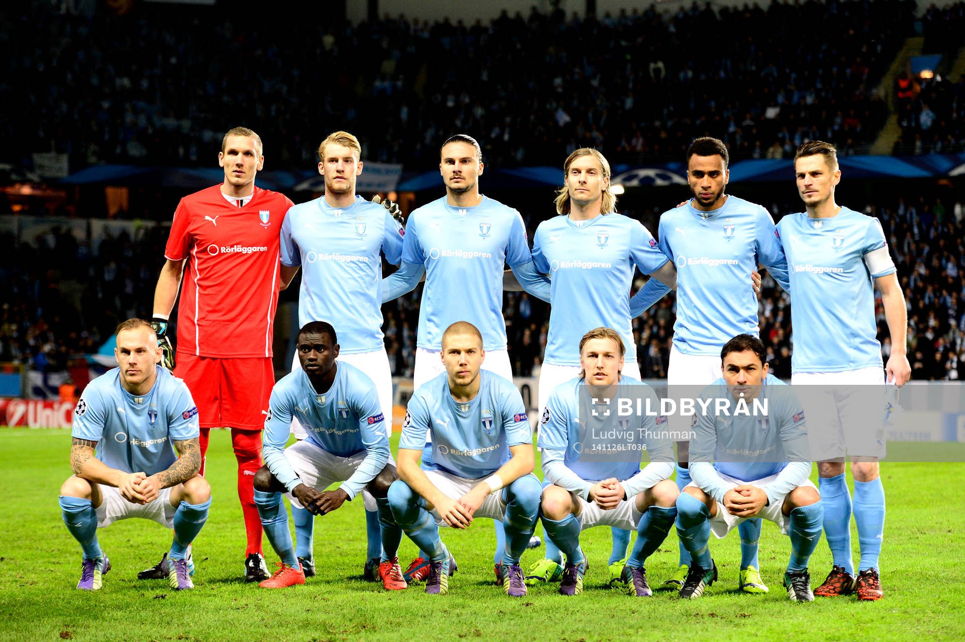 Malmö FF:s startelva under fotbollsmatchen i Champions League mellan Malmö FF och Juventus den 26 november 2014 i Malmö. 