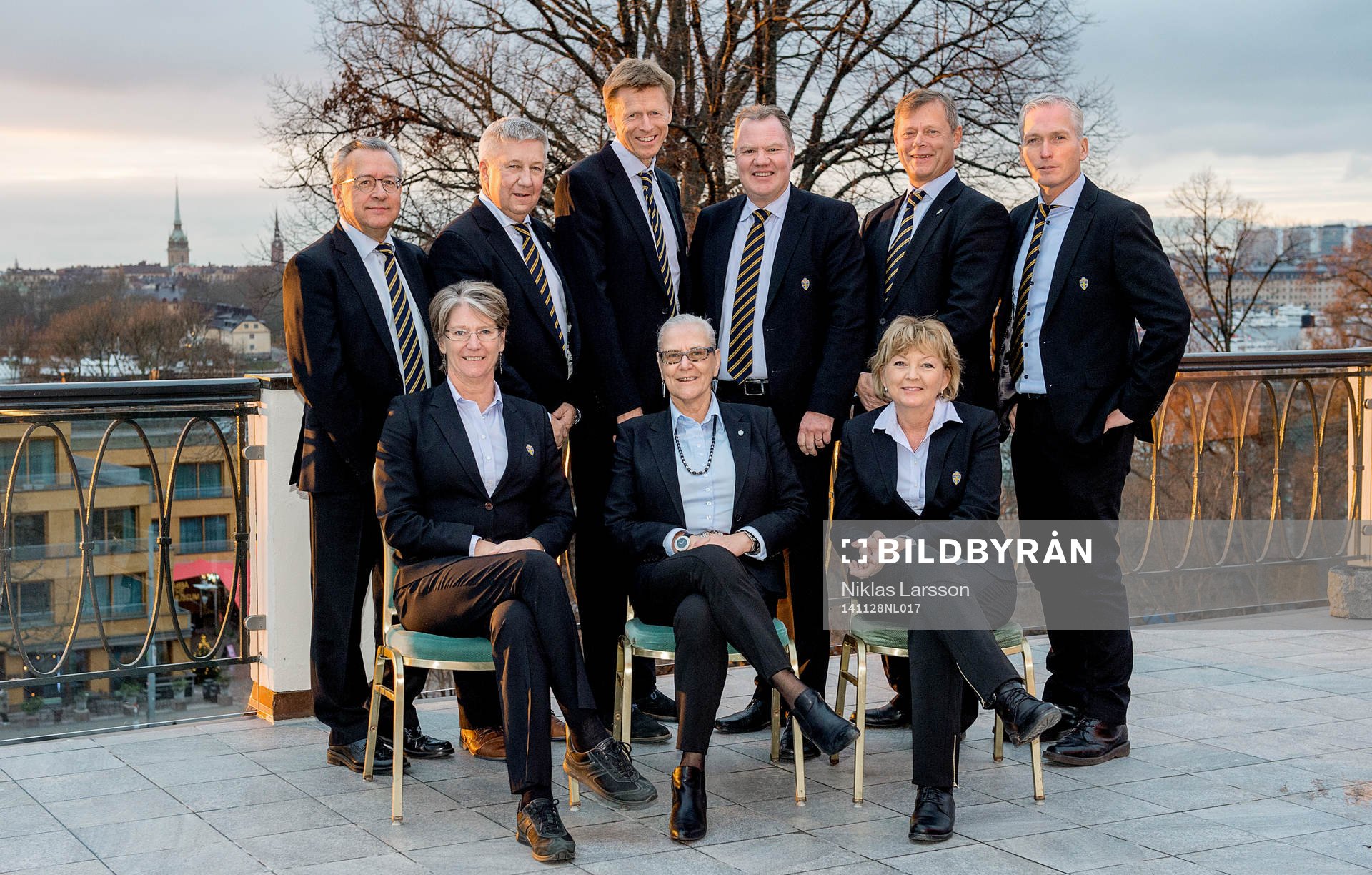 Svenska Fotbollsförbundets styrelse. Sittande fr v: Annelie Larsson, Rose-Marie Frebran och Britt Marie Kihlman. Stående: Kenneth Håkansson, Bert Andersson, Karl-Erik Nilsson, jörgen Eriksson, Per Darnell och Håkan Sjöstrand under Svenska Fotbollsförbundets representantskapsmöte den 28 november 2014 i Stockholm.