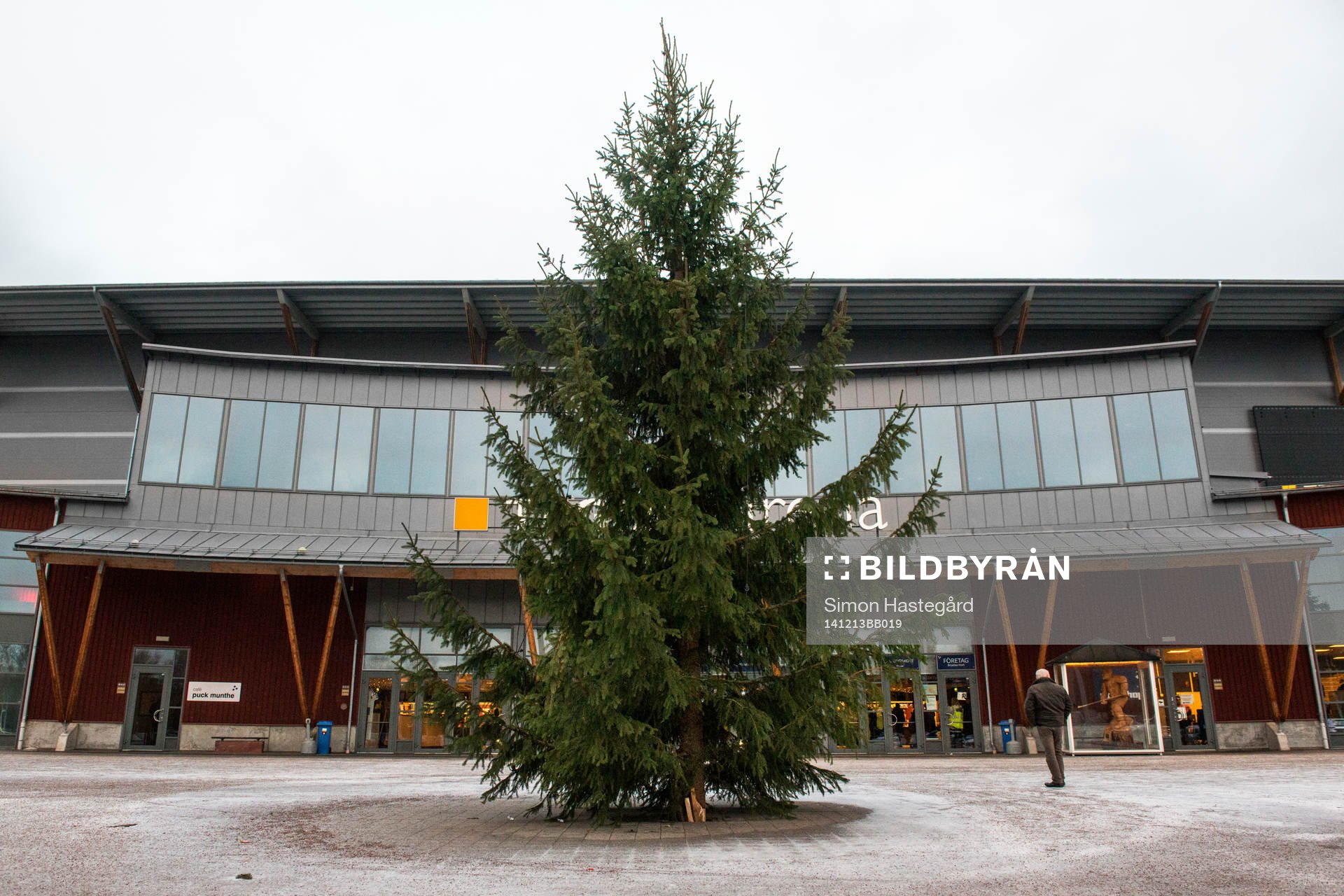 En julgran utanför Tegera Arena före ishockeymatchen i