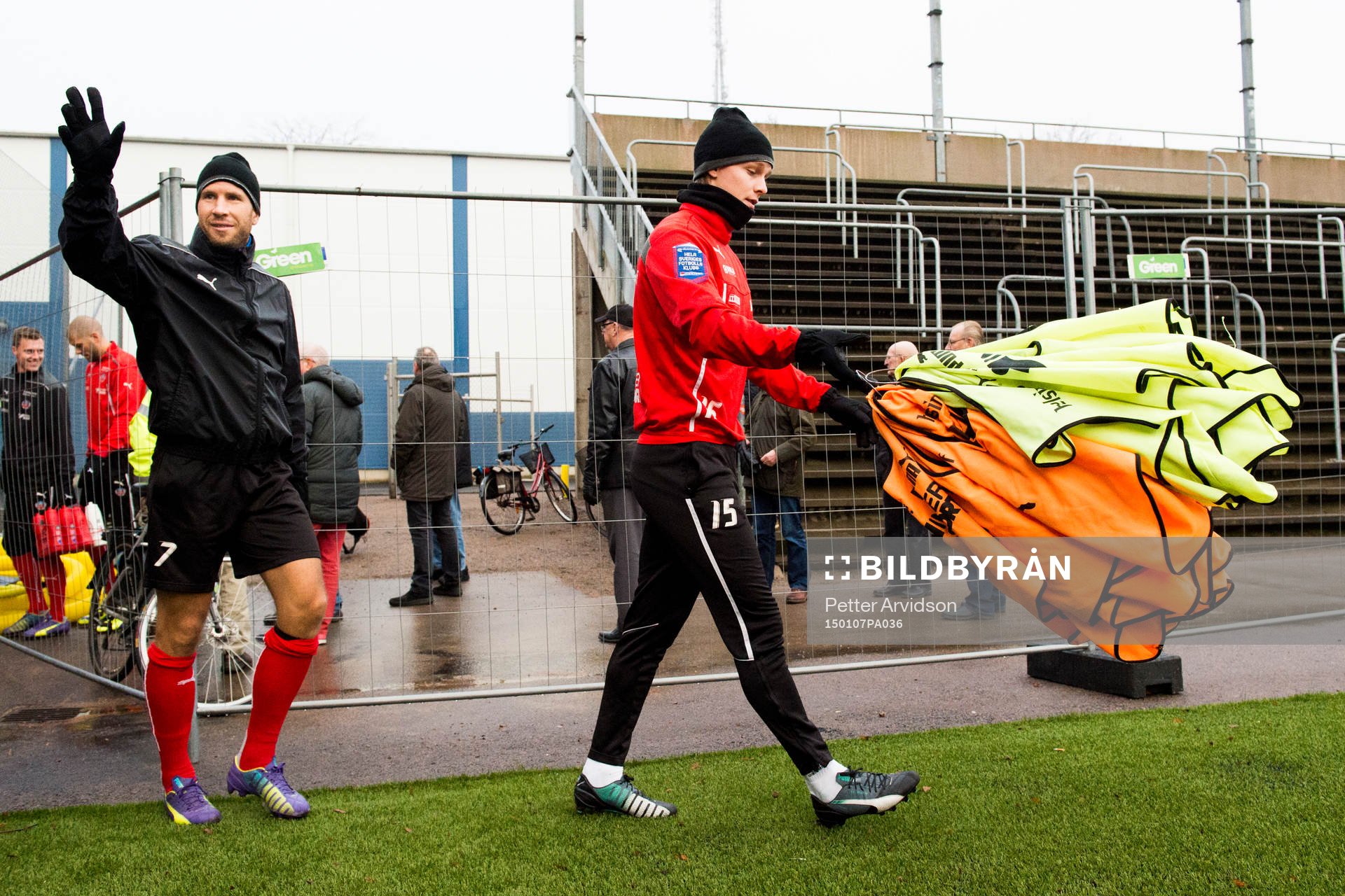 Helsingborgs Mattias Lindström och Emil Krafth under en fotbollsträning med Helsingborg den 7 januari 2015 i Helsingborg.