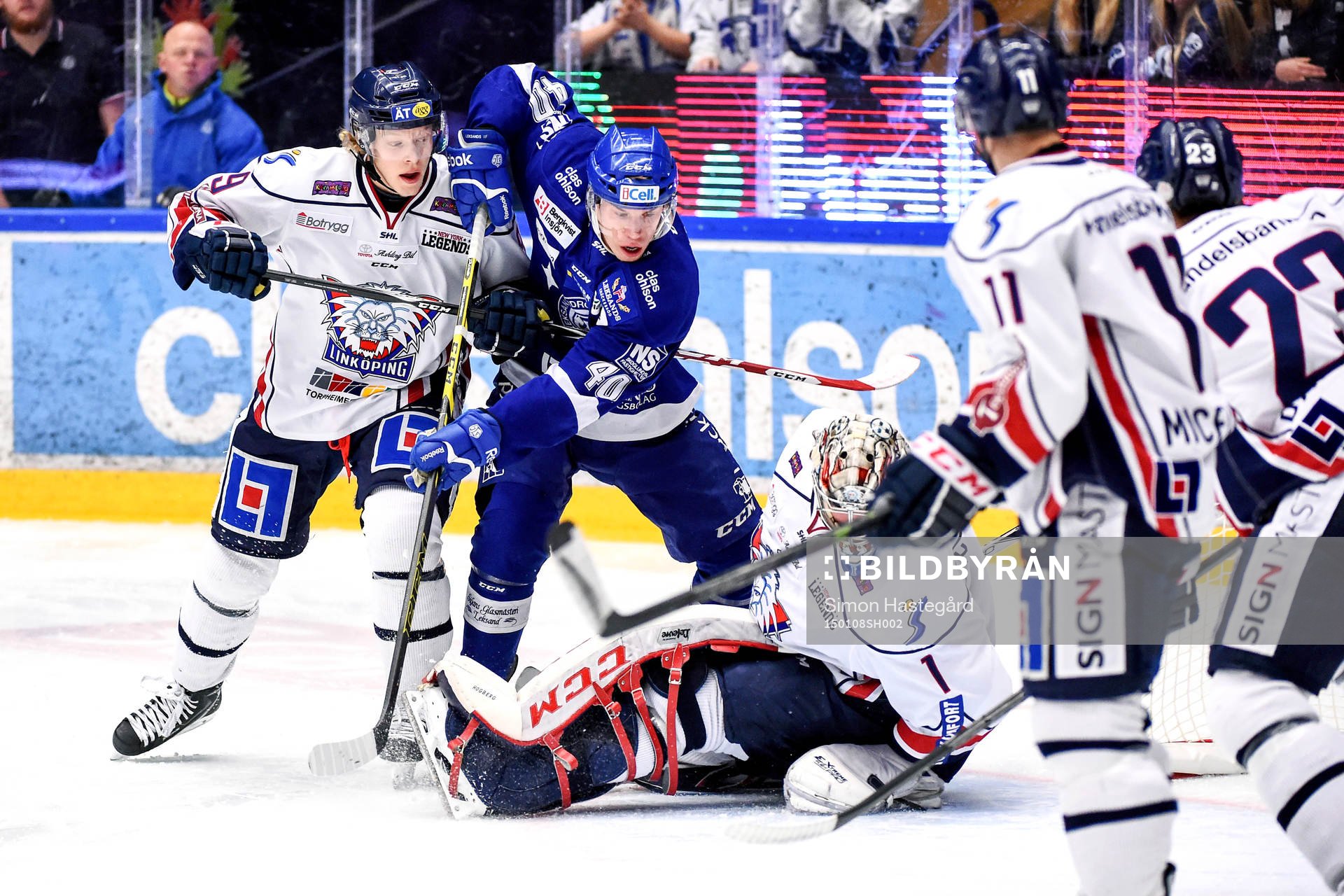 Linköpings Anton Karlsson och målvakt Marcus Högberg och
