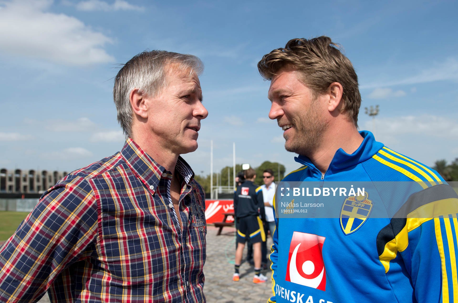 Roland Nilsson och players manager Marcus Allbäck under en träning den 13 januari 2015 i Abu Dhabi.