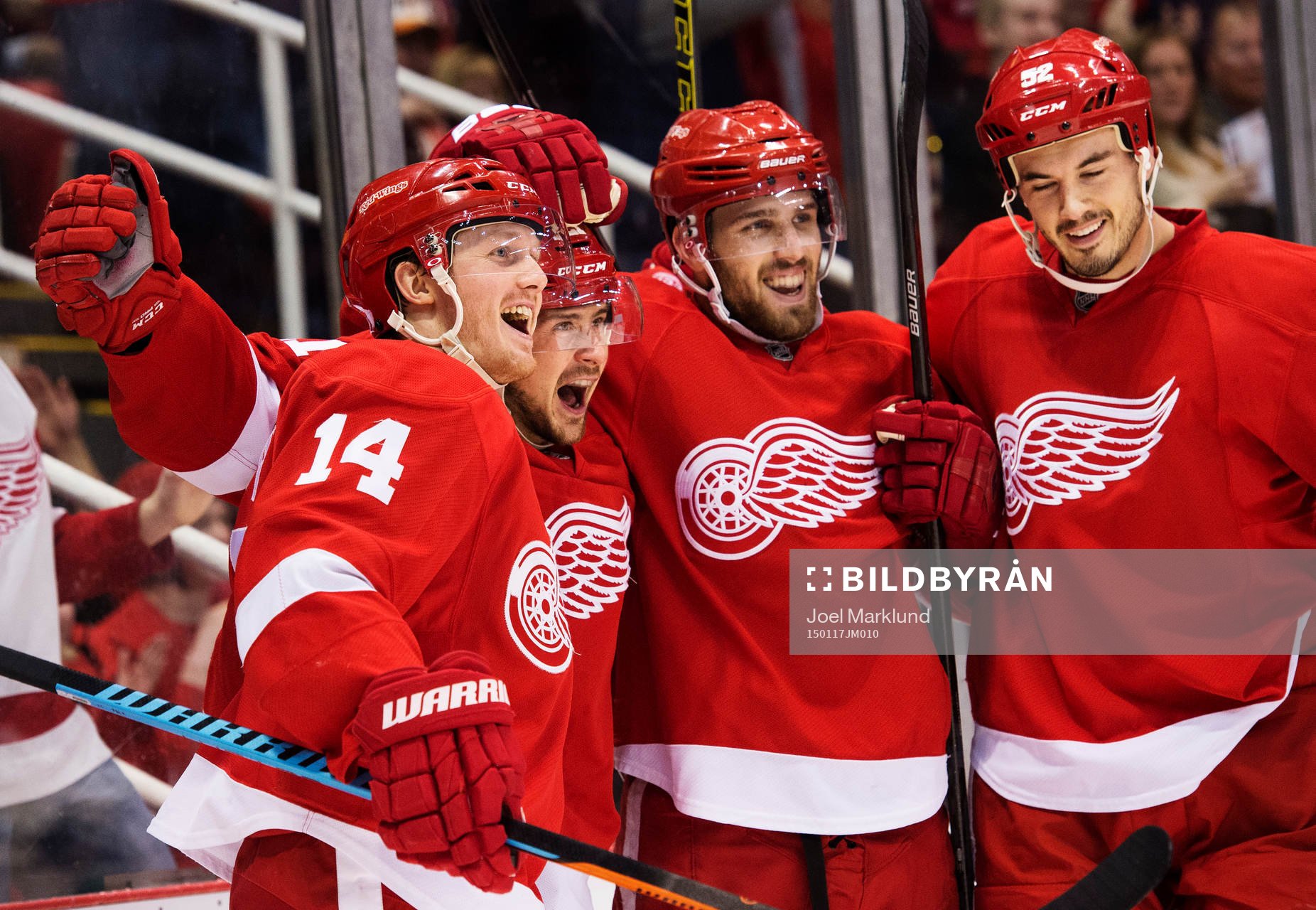 Detroits Gustav Nyquist, Tomas Tatar, Riley Sheahan och