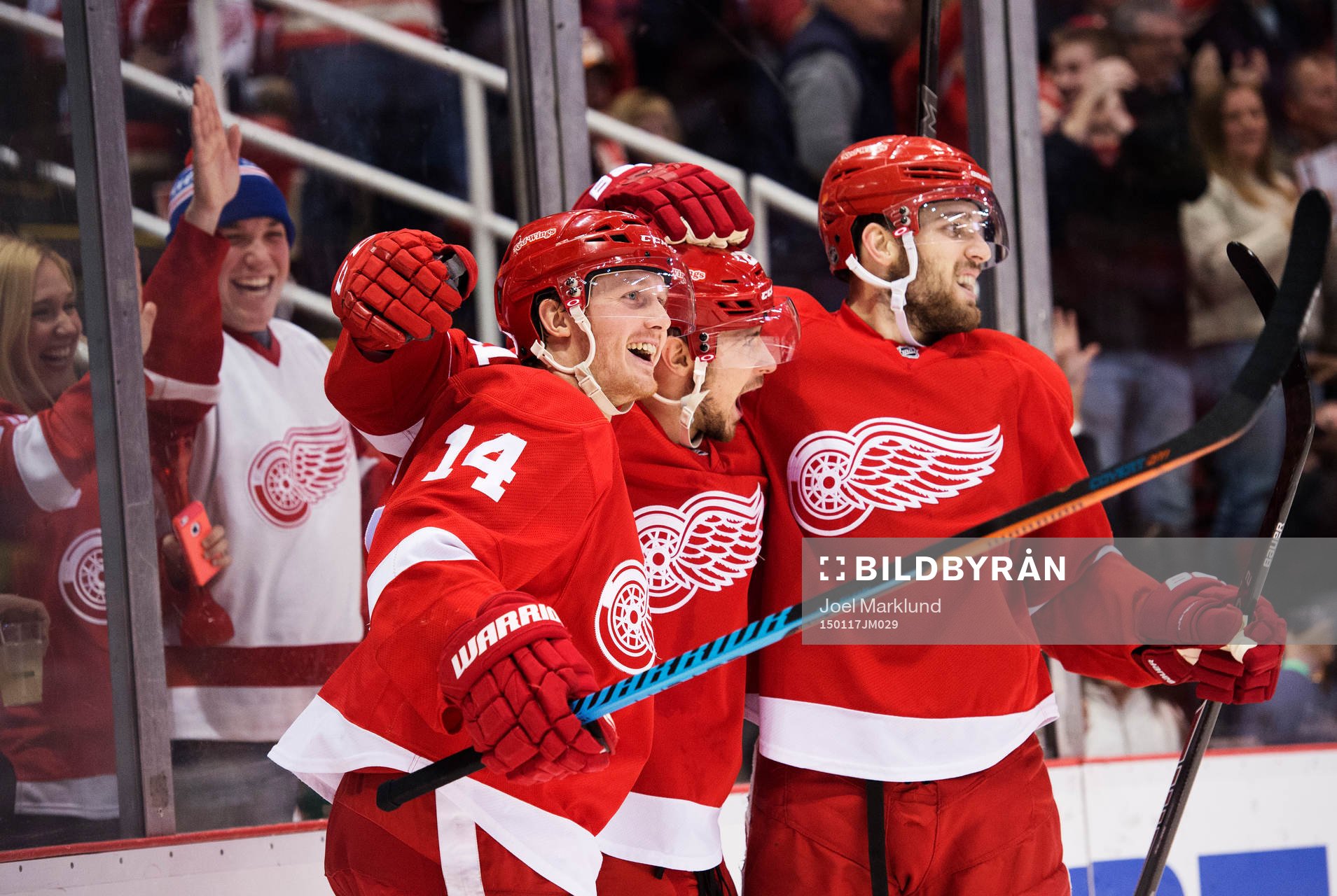 Detroits Gustav Nyquist, Tomas Tatar och Riley Sheahan