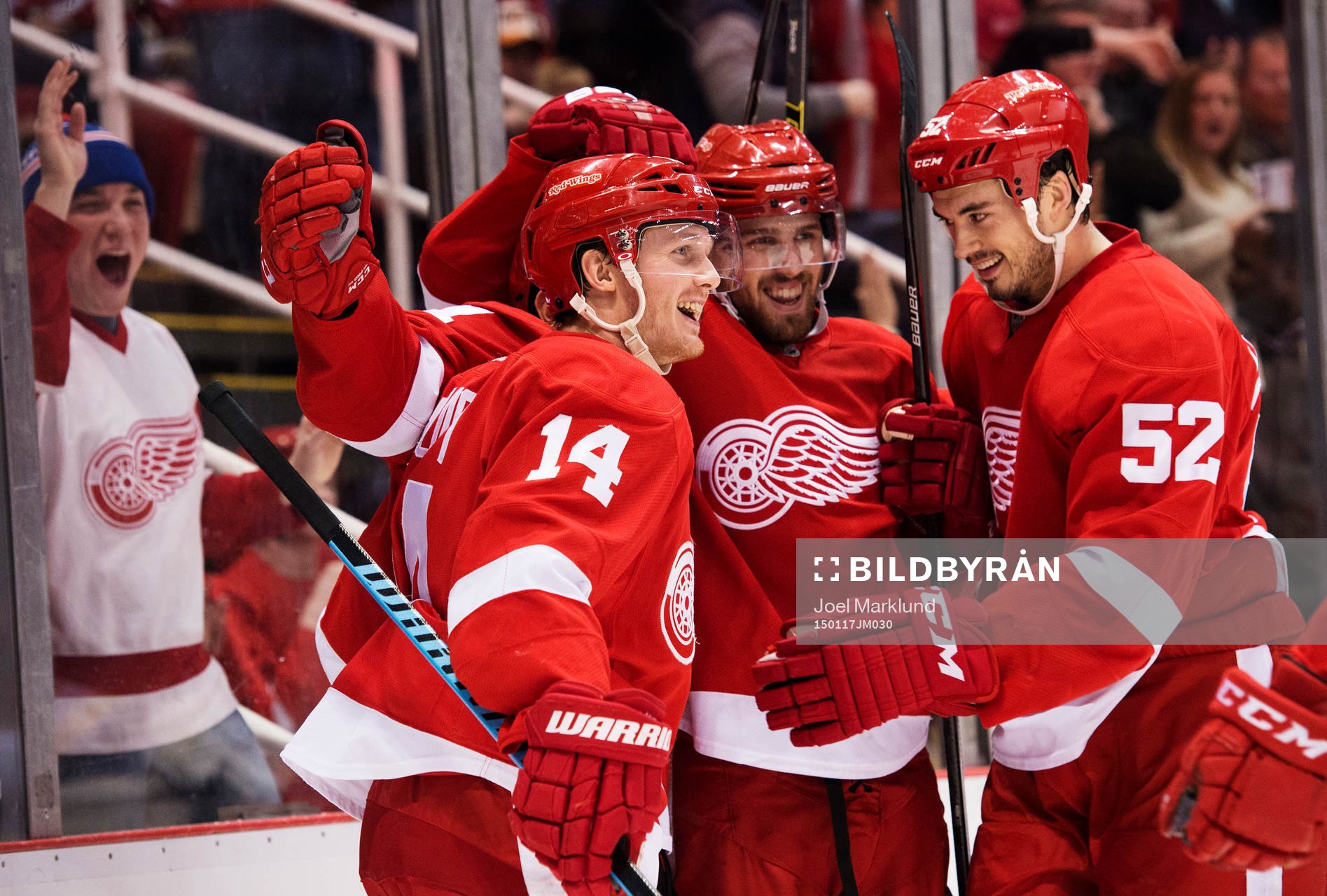 Detroits Gustav Nyquist, Tomas Tatar, Riley Sheahan och