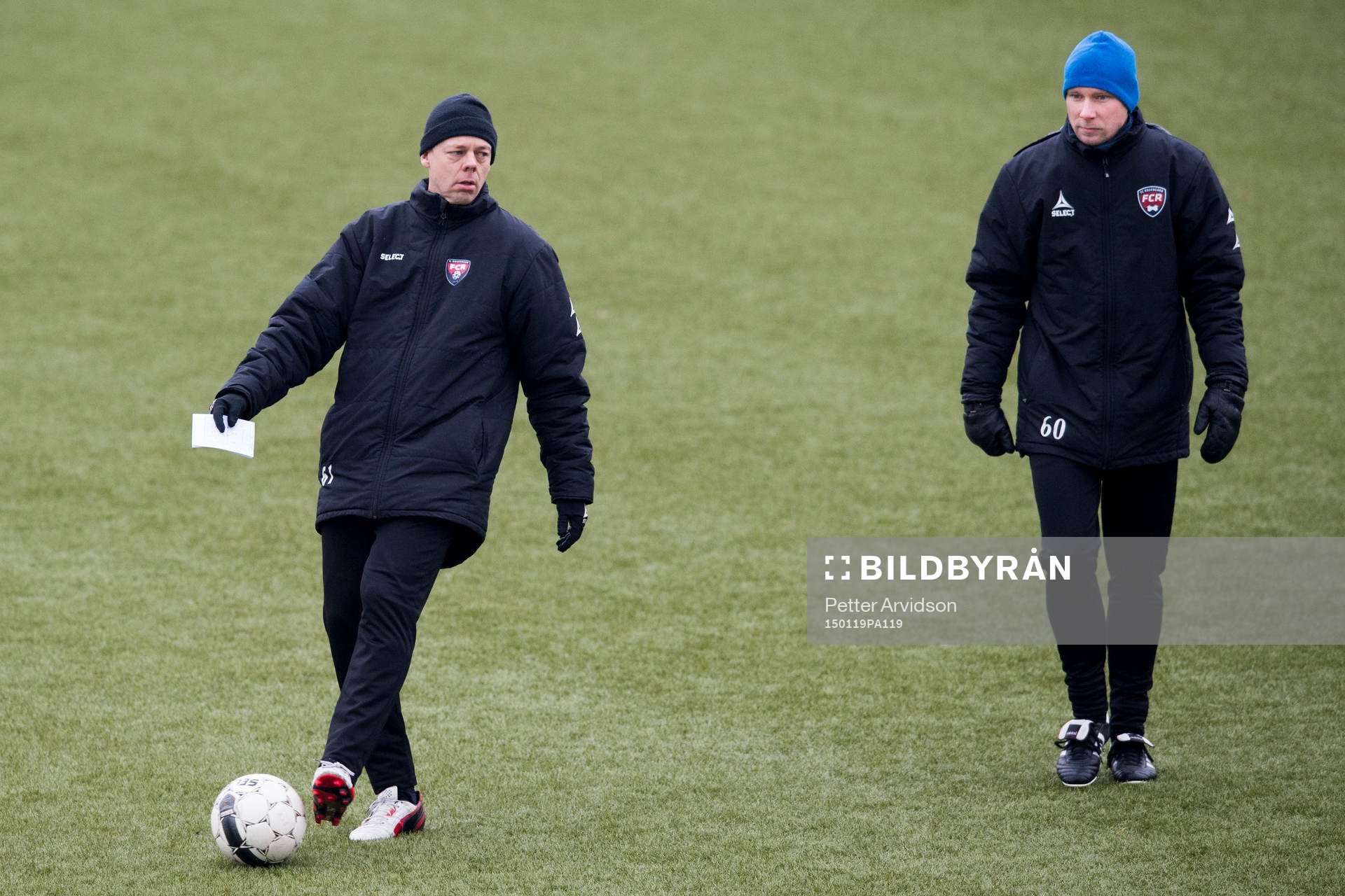 Rosengårds tränare Markus Tilly och assisterande tränare Daniel Nilsson under en fotbollsträning den 19 januari 2015 i Malmö.