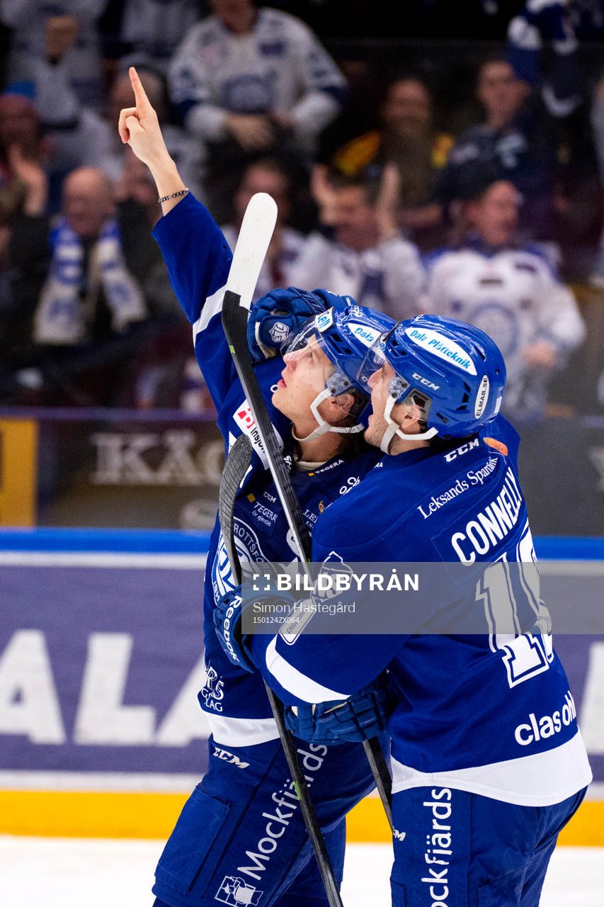 Leksands David Åslin och Brian Connelly jublar