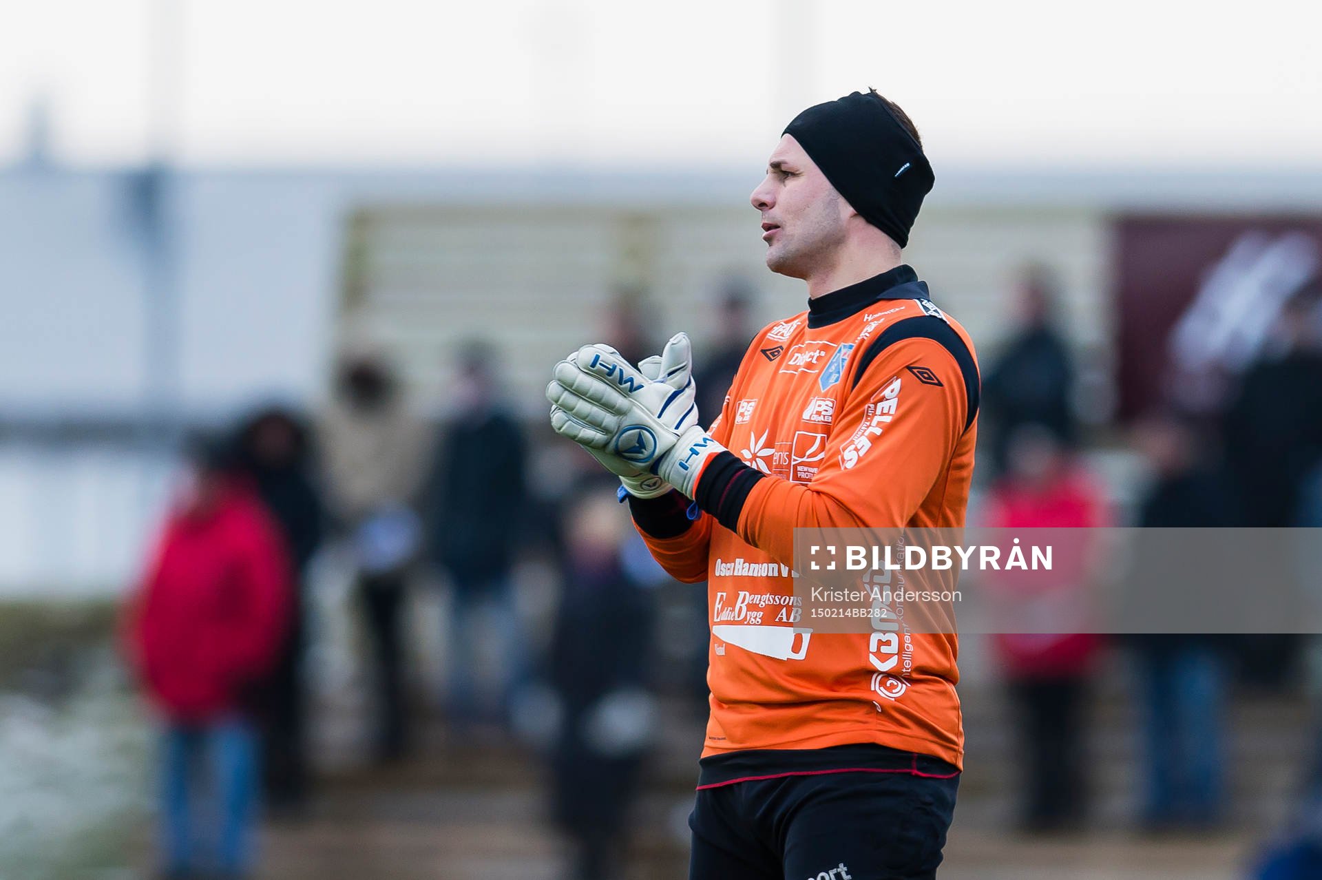 Halmias målvakt Vladimir Lukic under träningsmatchen mellan Varberg och Halmia den 14 februari 2015 i Varberg.