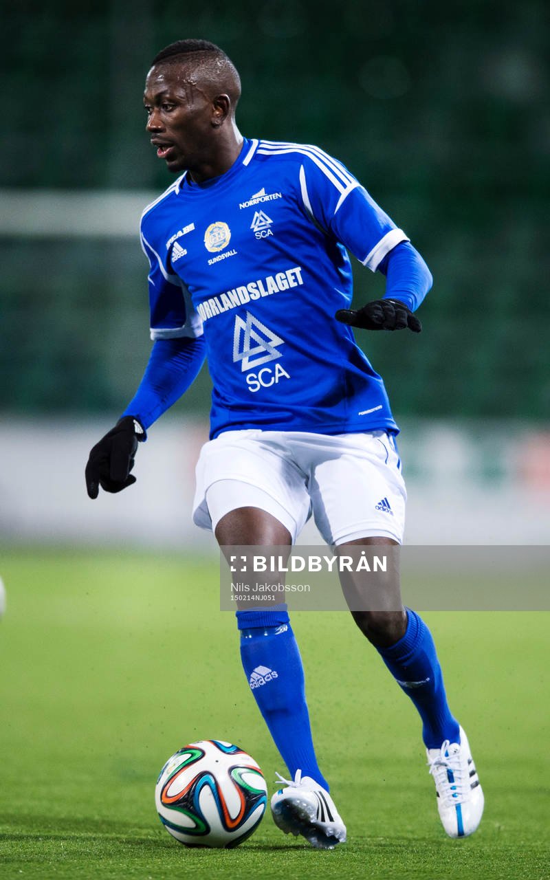 Sundsvalls Pa Dibba under fotbollsmatchen mellan GIF Sundsvall - Ranheim den 14 februari 2015 i Sundsvall.