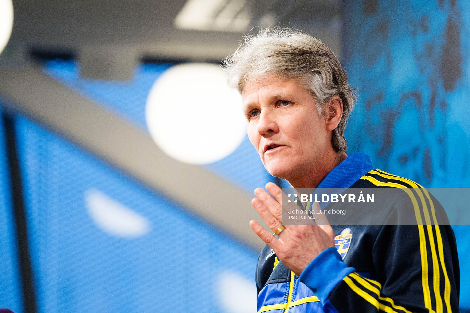 Sveriges förbundskapten Pia Sundhage presenterar truppen inför Algarve Cup under en presskonferens den 18 februari 2015 i Stockholm.