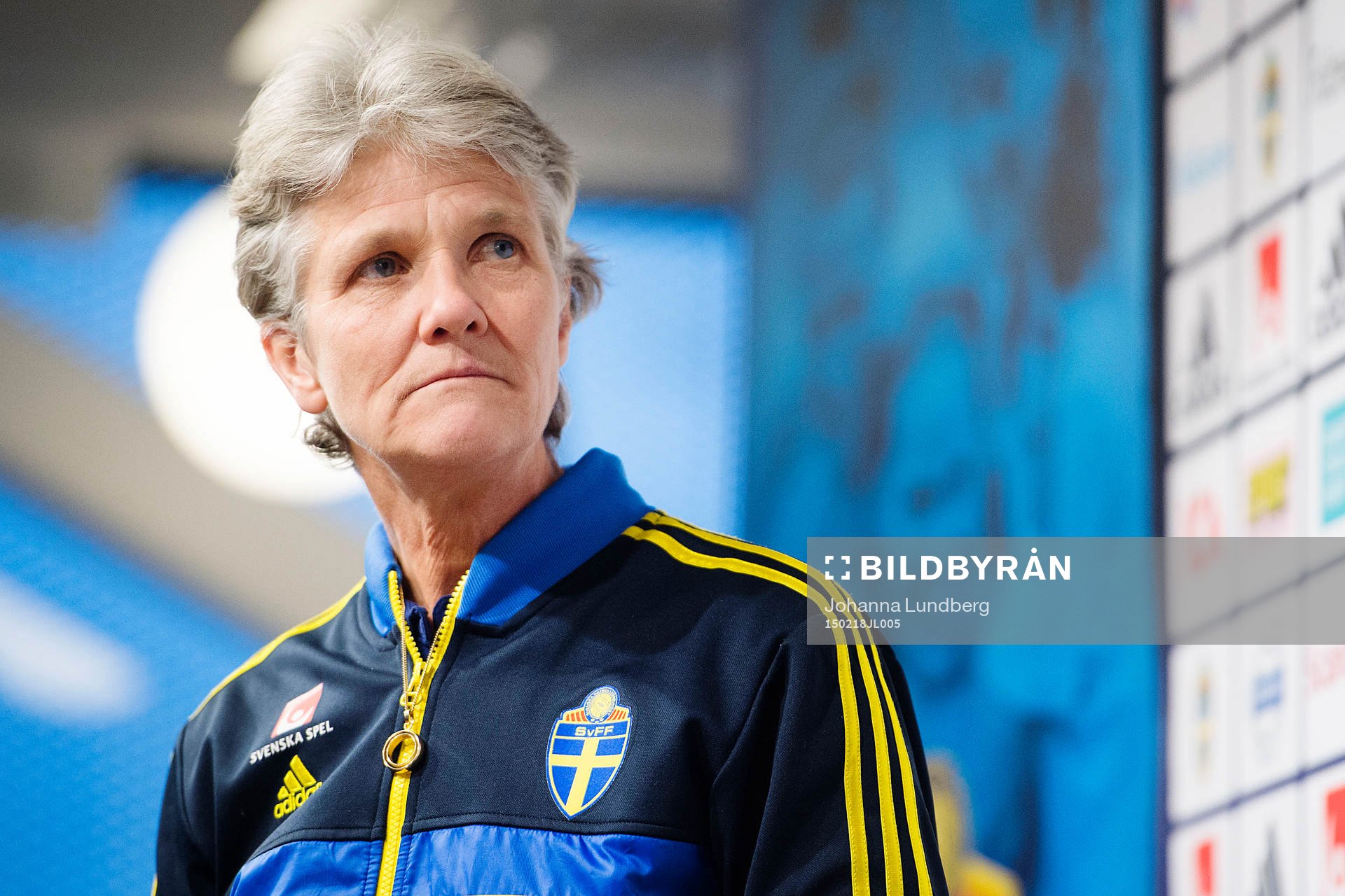 Sveriges förbundskapten Pia Sundhage presenterar truppen inför Algarve Cup under en presskonferens den 18 februari 2015 i Stockholm.