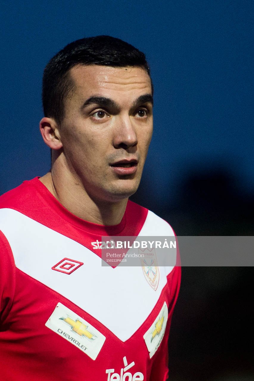 Assyriskas Admir Aganovic under fotbollsmatchen i Svenska Cupen mellan Malmö FF och Assyriska den 22 februari 2015 i Malmö.