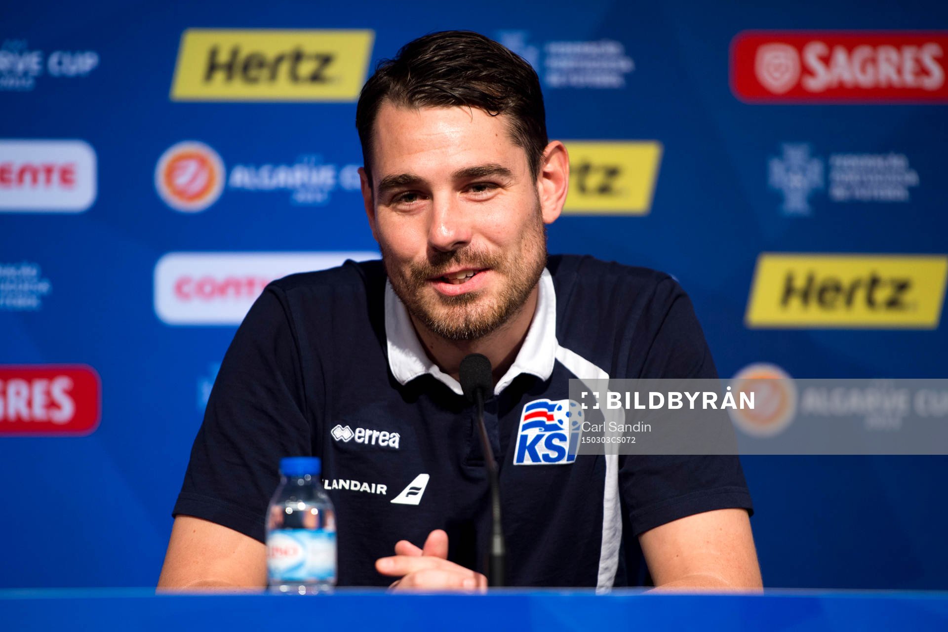 Freyr Alexandersson, förbundskapten Island, under en presskonferens inför Algarve Cup den 3 mars 2015 i Vilamoura, Portugal.