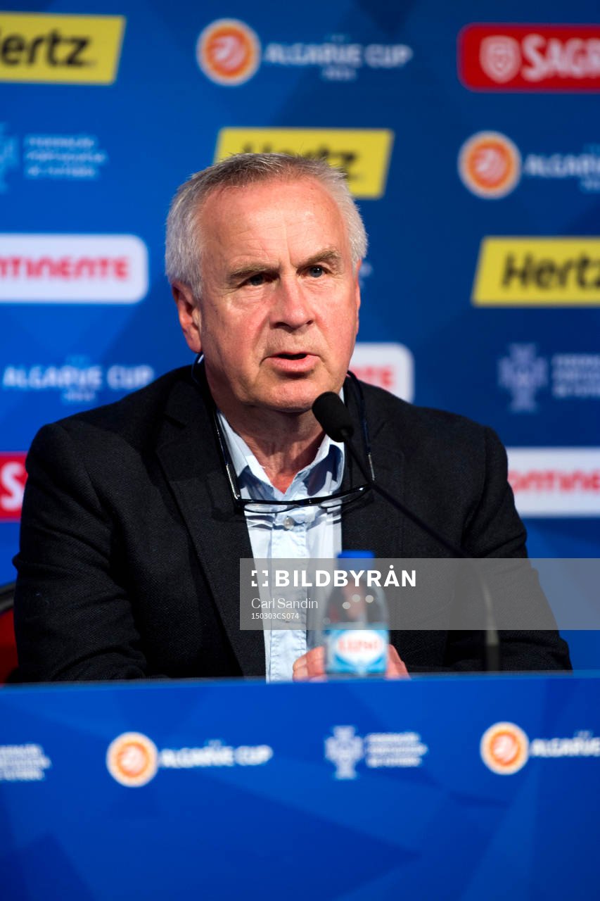 Even Pellerud, förbundskapten Norge, under en presskonferens inför Algarve Cup den 3 mars 2015 i Vilamoura, Portugal.