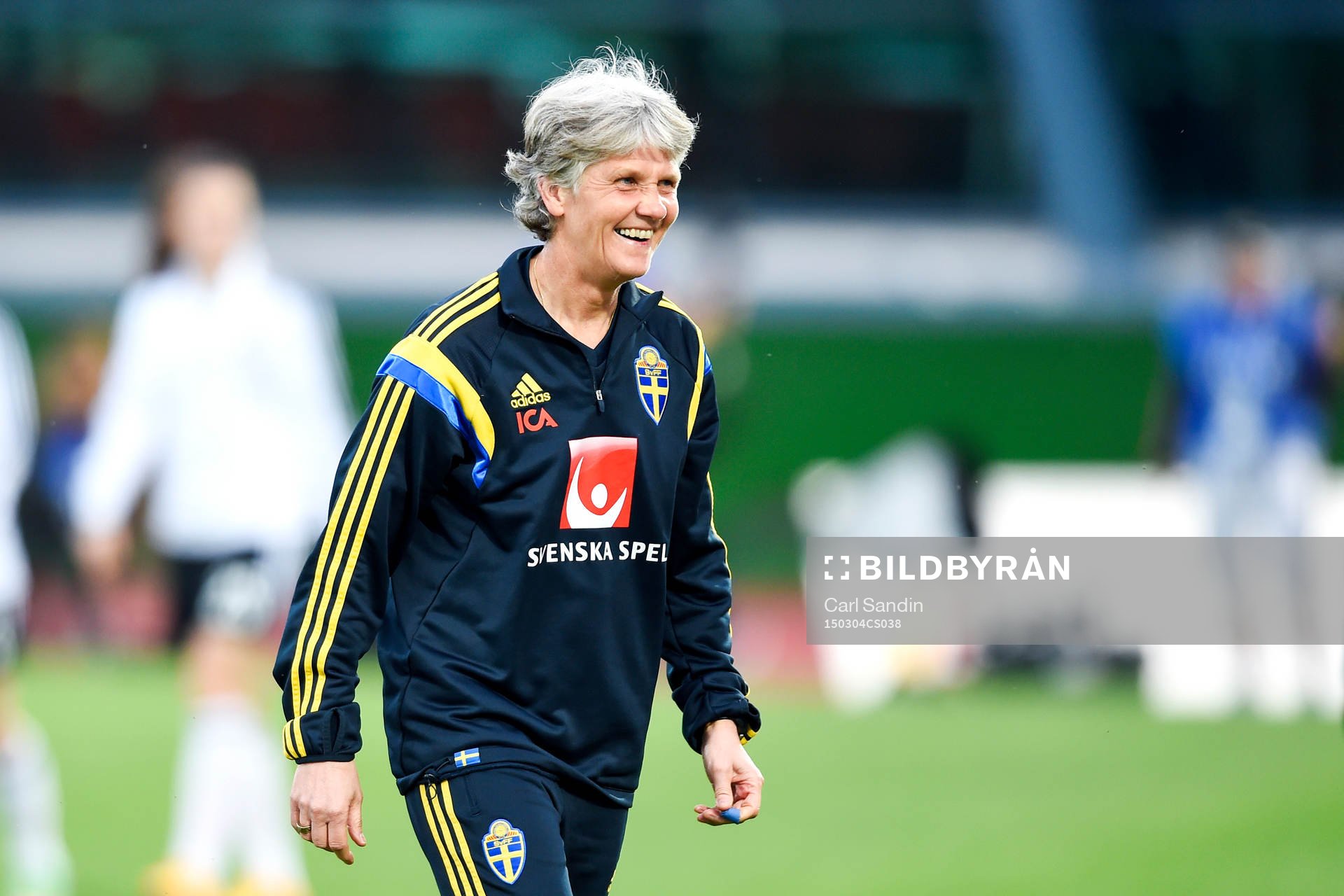 Sveriges förbundskapten Pia Sundhage glad efter en fotbollsmatch i Algarve Cup mellan Tyskland och Sverige den 4 mars 2015 i Vila Real de Santo Antonio, Portugal.