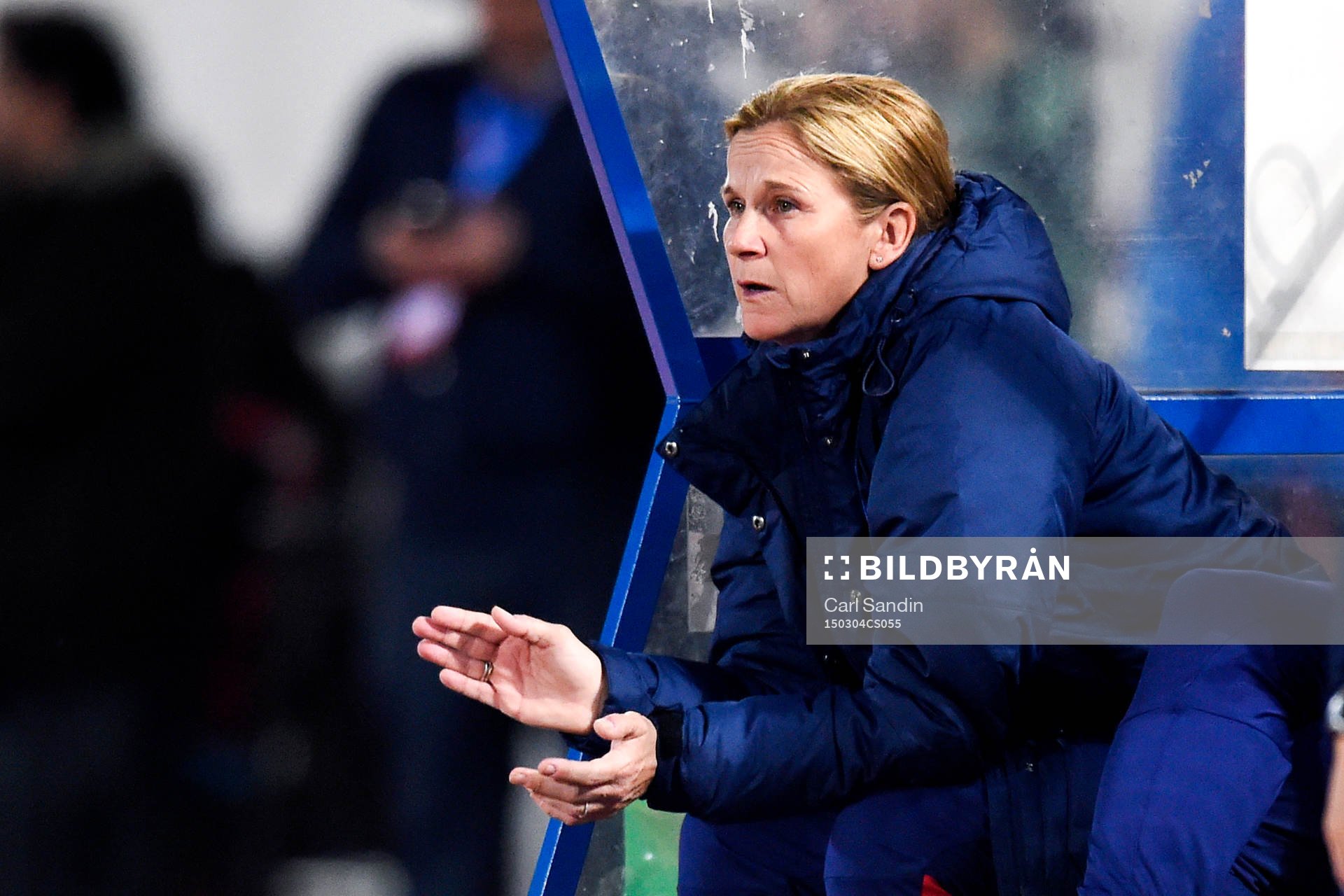 USA:s förbundskapten Jill Ellis under en fotbollsmatch i Algarve Cup mellan Norge och USA den 4 mars 2015 i Vila Real de Santo Antonio, Portugal.