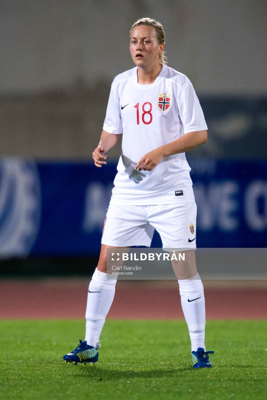 Norges Kristine Minde under en fotbollsmatch i Algarve Cup mellan Norge och USA den 4 mars 2015 i Vila Real de Santo Antonio, Portugal.