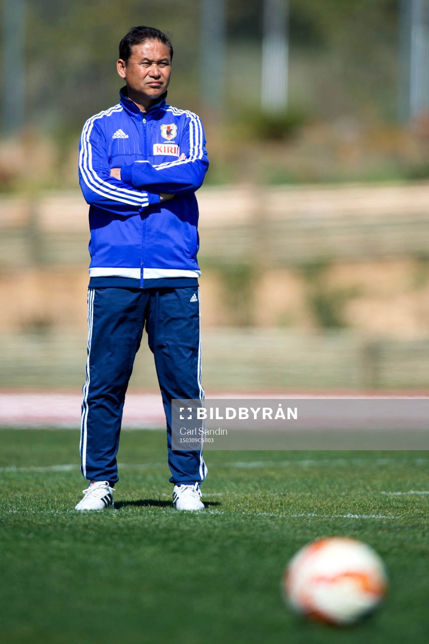 Japans förbundskapten Norio Sasaki inför en fotbollsmatch i Algarve Cup mellan Japan och Frankrike den 9 mars 2015 i Parchal.