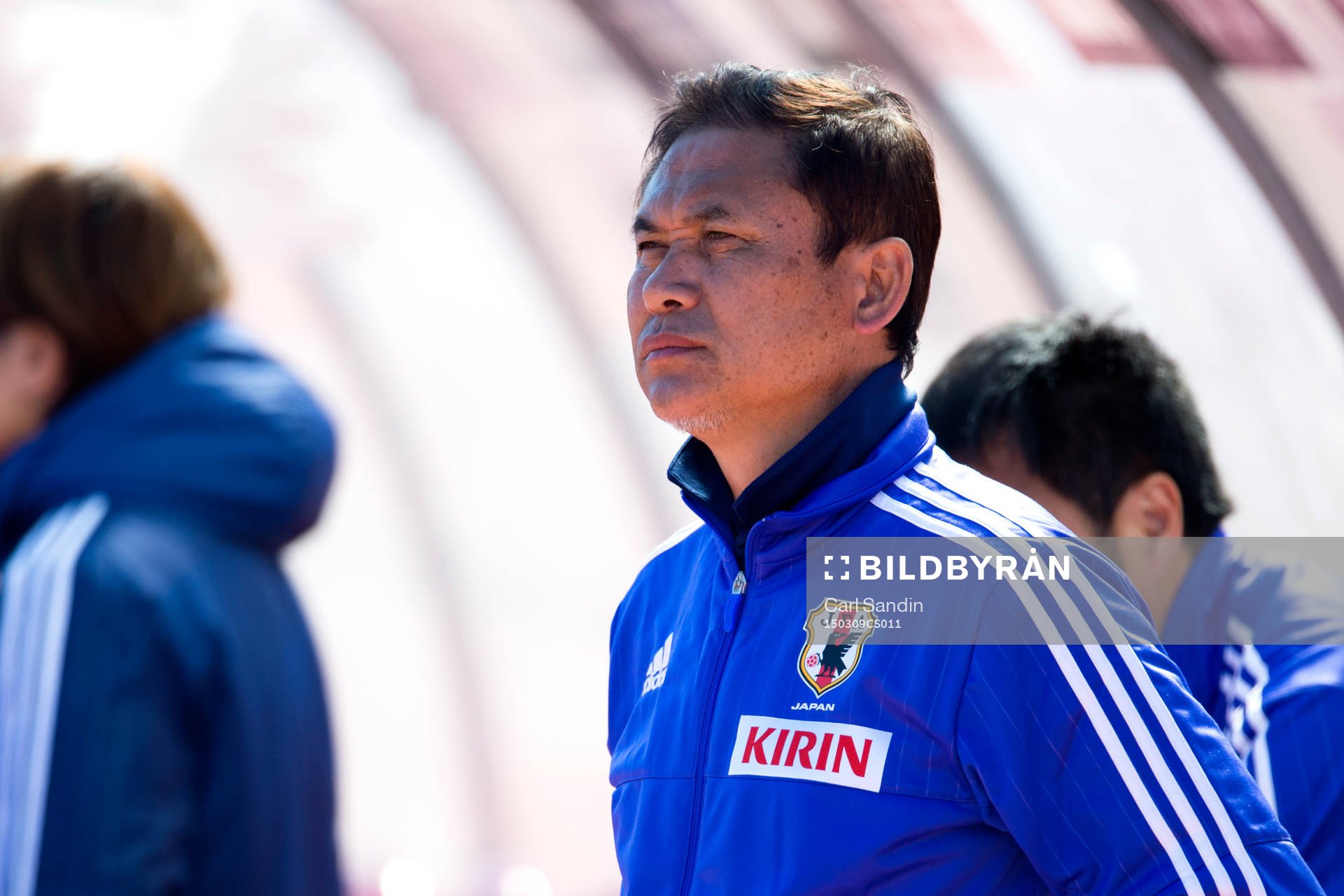 Japans förbundskapten Norio Sasaki under en fotbollsmatch i Algarve Cup mellan Japan och Frankrike den 9 mars 2015 i Parchal.