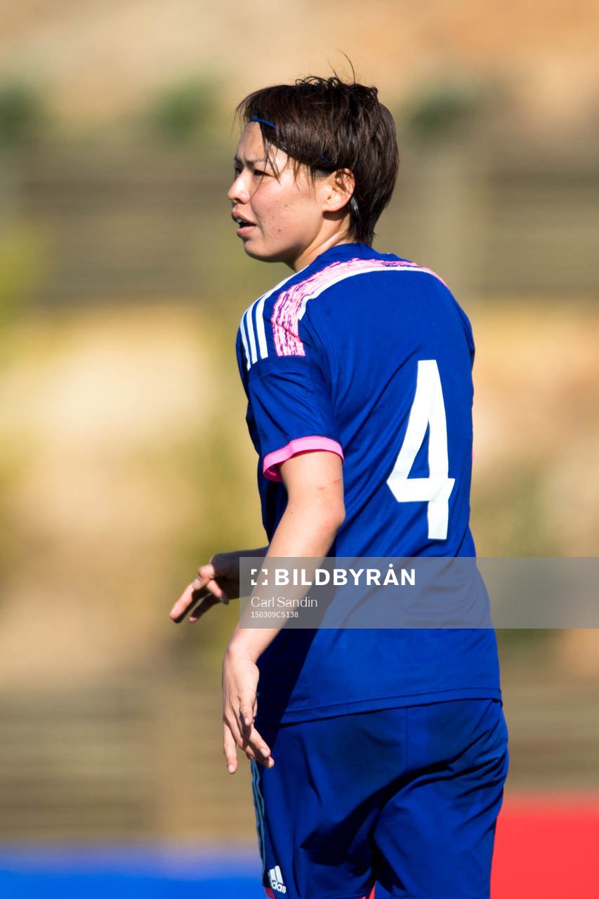 Japans Saki Kumagai under en fotbollsmatch i Algarve Cup mellan Japan och Frankrike den 9 mars 2015 i Parchal.