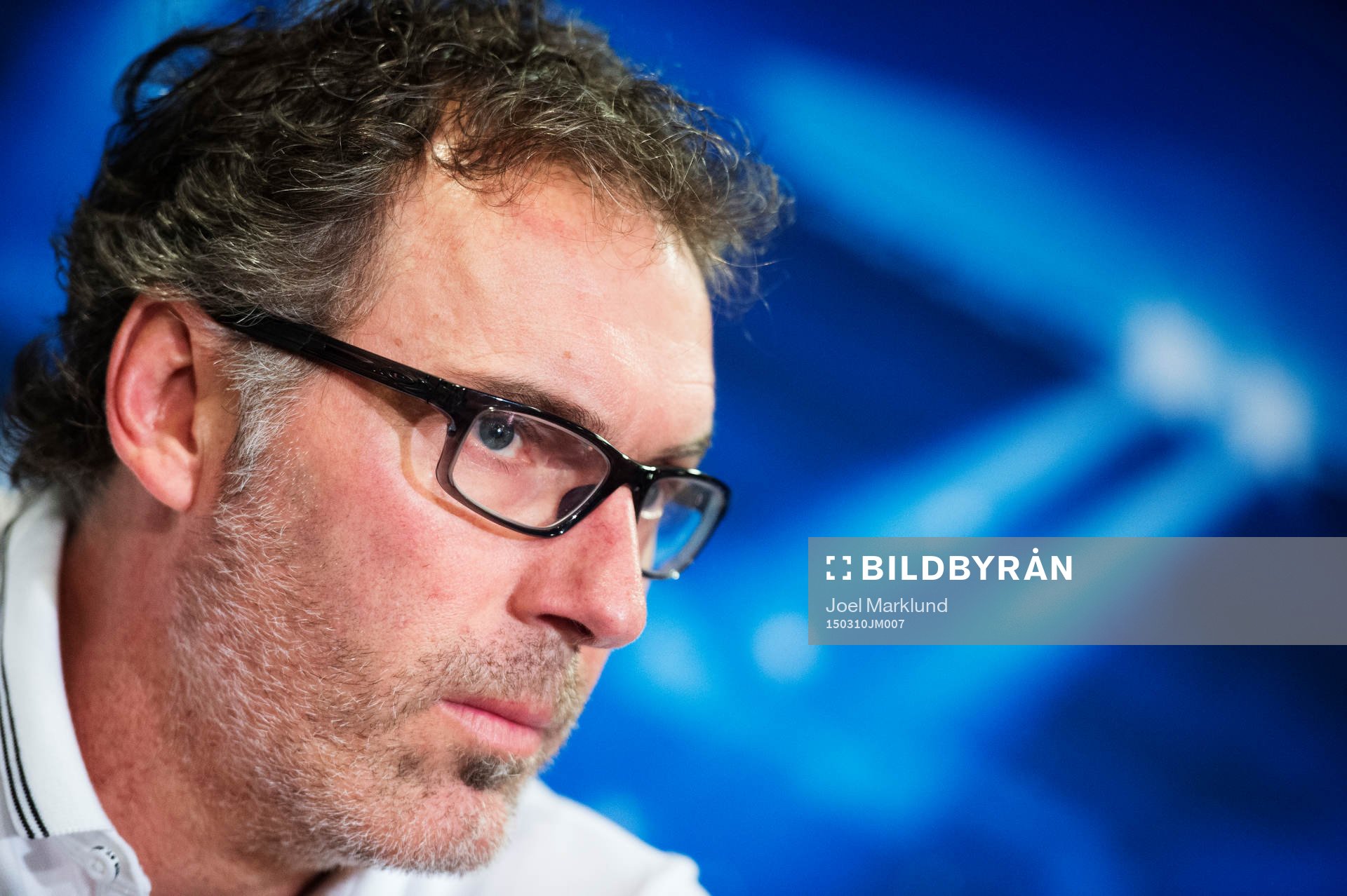 Tränare Laurent Blanc under en presskonferens med Paris SG inför den andra åttondelsfinalen i Champions League, den 10 mars 2015 i London.