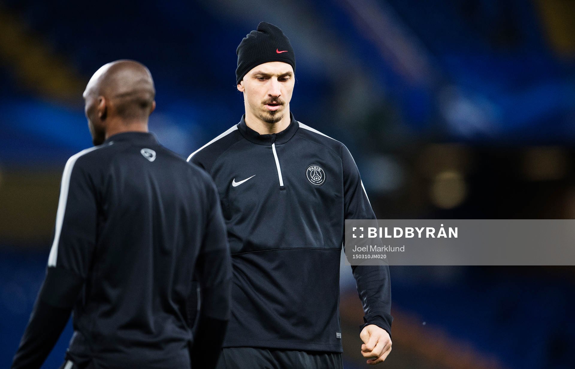 Zlatan Ibrahimovic under en träning med Paris SG inför den andra åttondelsfinalen i Champions League, den 10 mars 2015 i London.