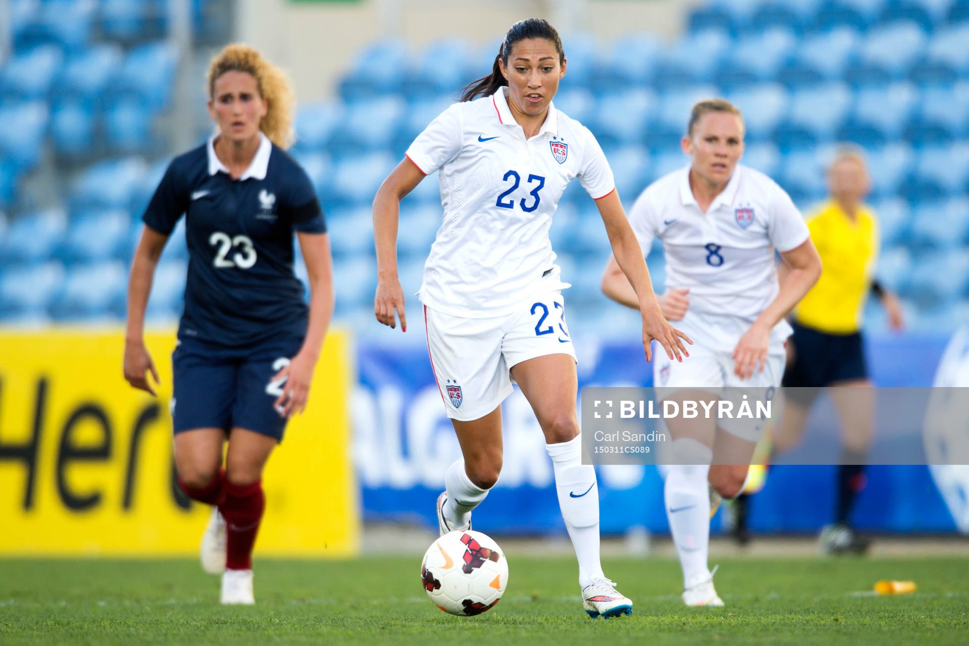 USA:s Christen Press under finalen i Algarve Cup mellan Frankrike och USA den 11 mars 2015 i Almancil.