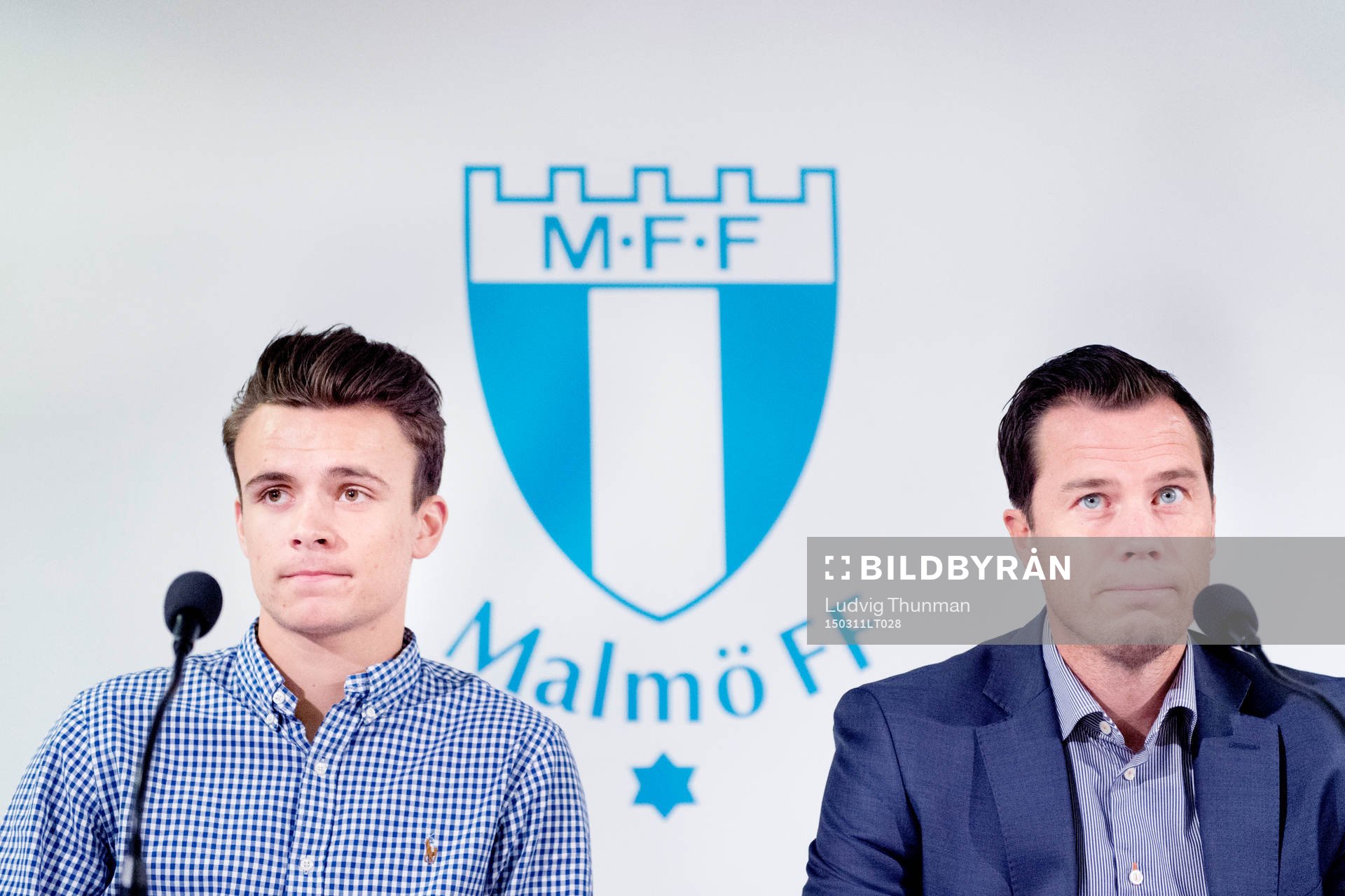 Malmö FFs nyförvärv Andreas Vindheim och sportchef Daniel Andersson under en presskonferens med Malmö FF den 11 mars 2015 i Malmö. 
