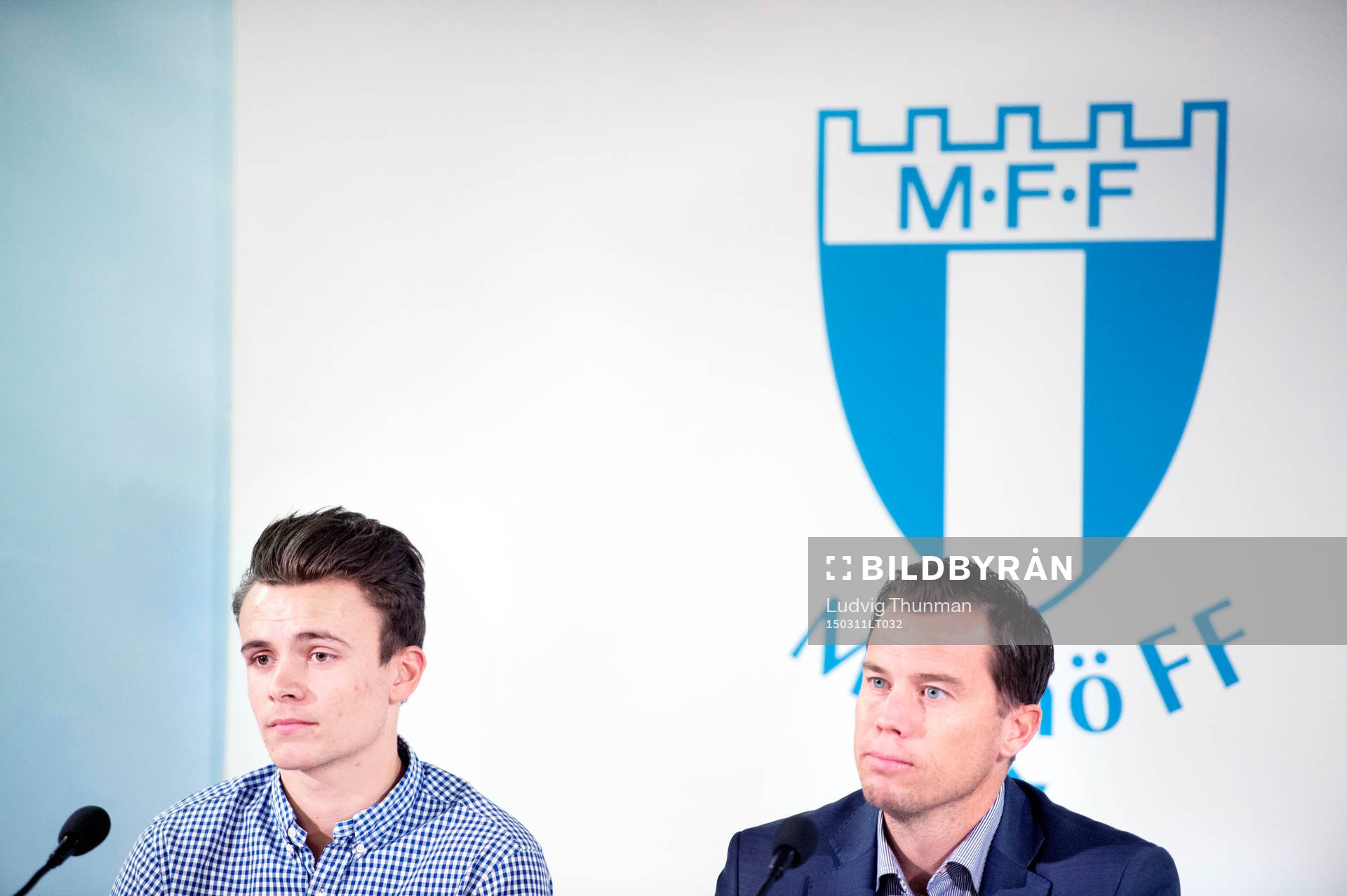 Andreas Vindheim och sportchef Daniel Andersson under en presskonferens med Malmö FF den 11 mars 2015 i Malmö. 