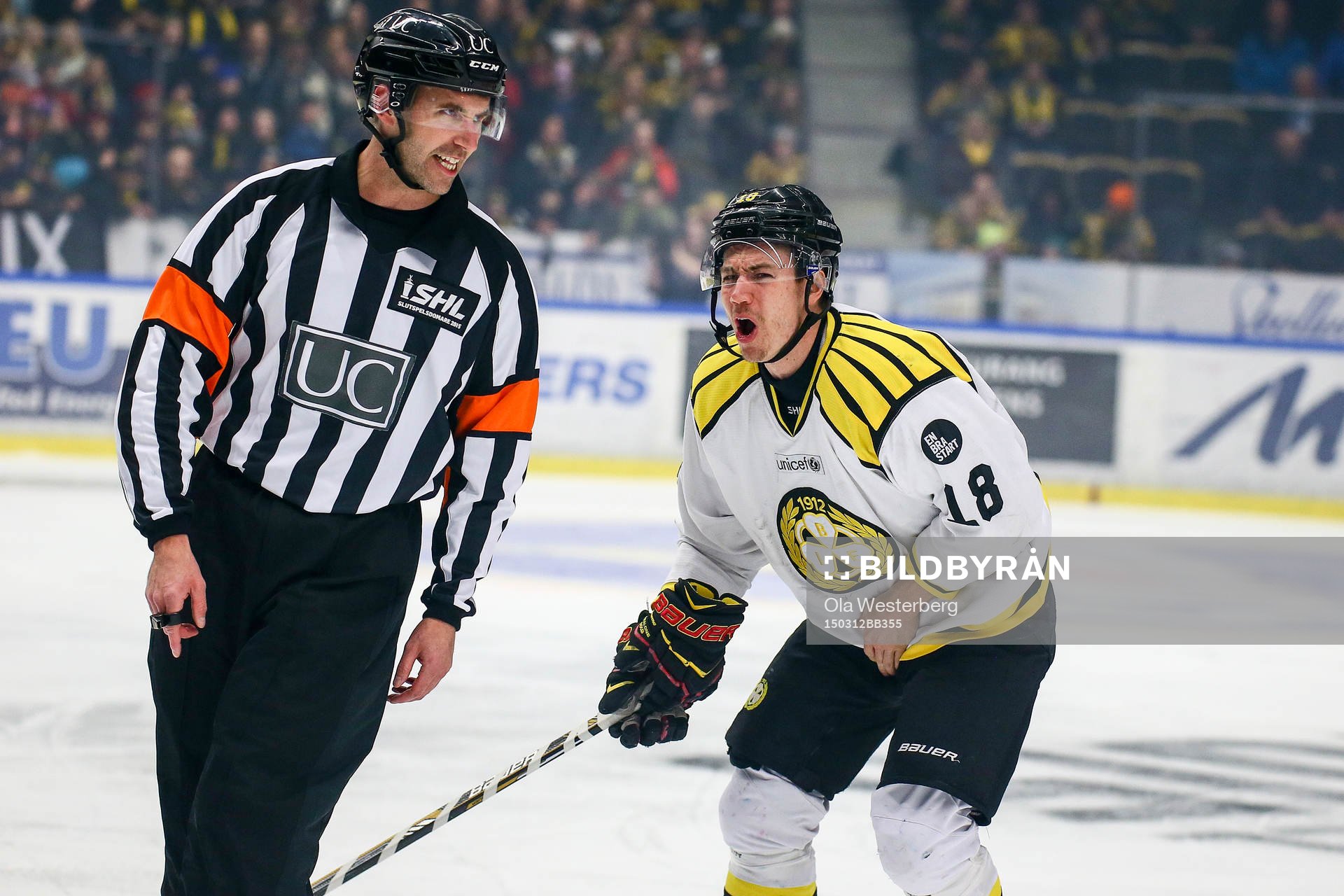 Brynäs Anton Rödin skriker på domaren Linus Öhlund